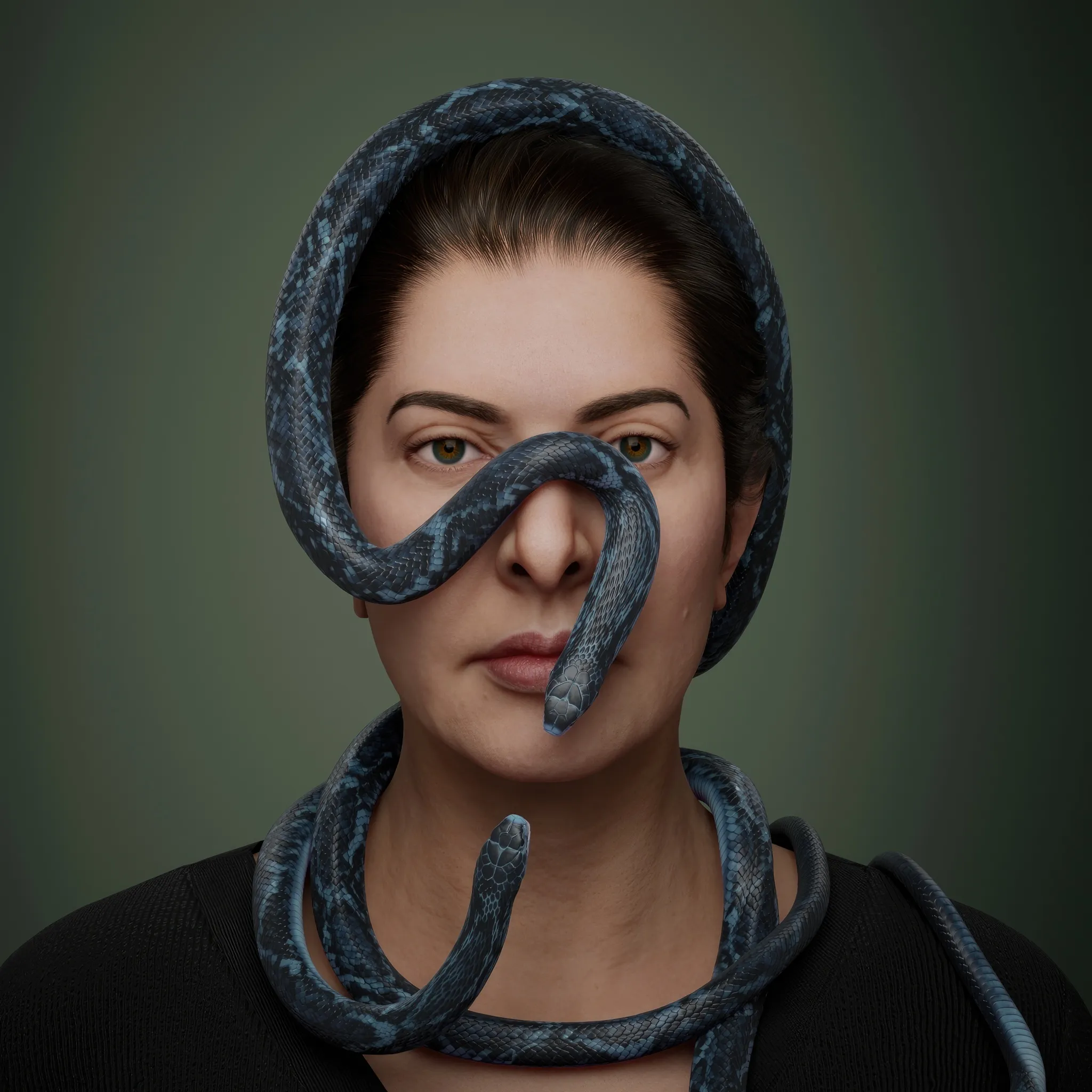 A portrait with snakes captures a profound inner dialogue—a confrontation with fear. As a child, Marina once walked through the woods with her grandmother and unknowingly picked up what she thought was a stick. It turned out to be a venomous snake, a creature that could have ended her life, but, instead, etched itself into her memory as a source of lingering fear. For Marina, art is a process where she brings her fears to life, confronting and transforming them. The snake, an ancient and powerful symbol, embodies duality and transformation. It is both protector and guide, carrying wisdom and the promise of healing. Through this potent symbol, the portrait weaves together vulnerability, strength, and the artist's journey of self-renewal.