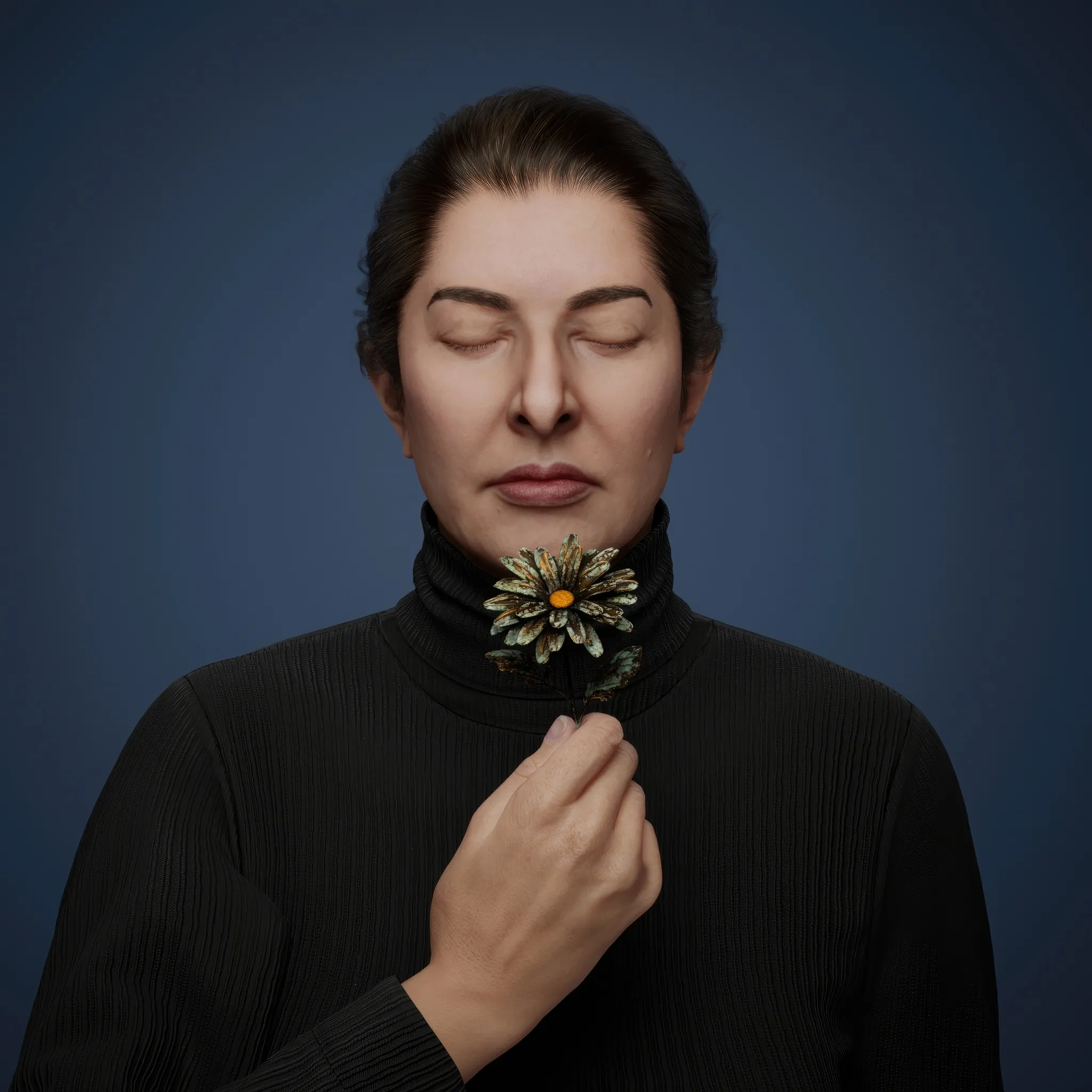 The camomile, a symbol of love, simplicity, and tenderness, carries profound meaning in the language of flowers, representing patience and energy. Its sweet aroma contrasts with its bitter taste, embodying the dualities of life. In this performance, Marina holds the camomile with unwavering stillness, embodying the tension between the sweetness of desire and the bitterness of life's trials. The meditative nature of the piece amplifies this contrast, with the only visible action being the quiet flow of tears down her serene face.