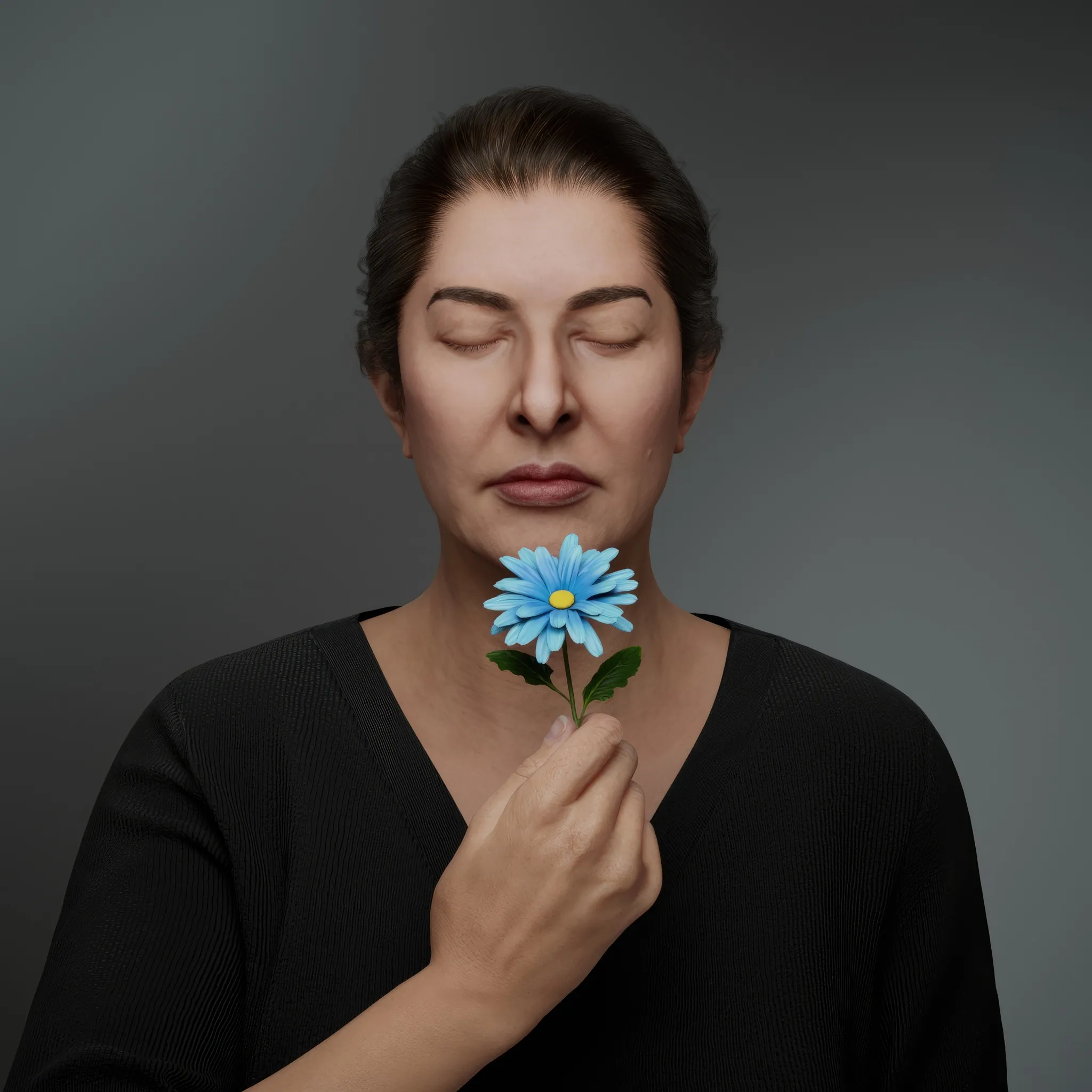 The camomile, a symbol of love, simplicity, and tenderness, carries profound meaning in the language of flowers, representing patience and energy. Its sweet aroma contrasts with its bitter taste, embodying the dualities of life. In this performance, Marina holds the camomile with unwavering stillness, embodying the tension between the sweetness of desire and the bitterness of life's trials. The meditative nature of the piece amplifies this contrast, with the only visible action being the quiet flow of tears down her serene face.