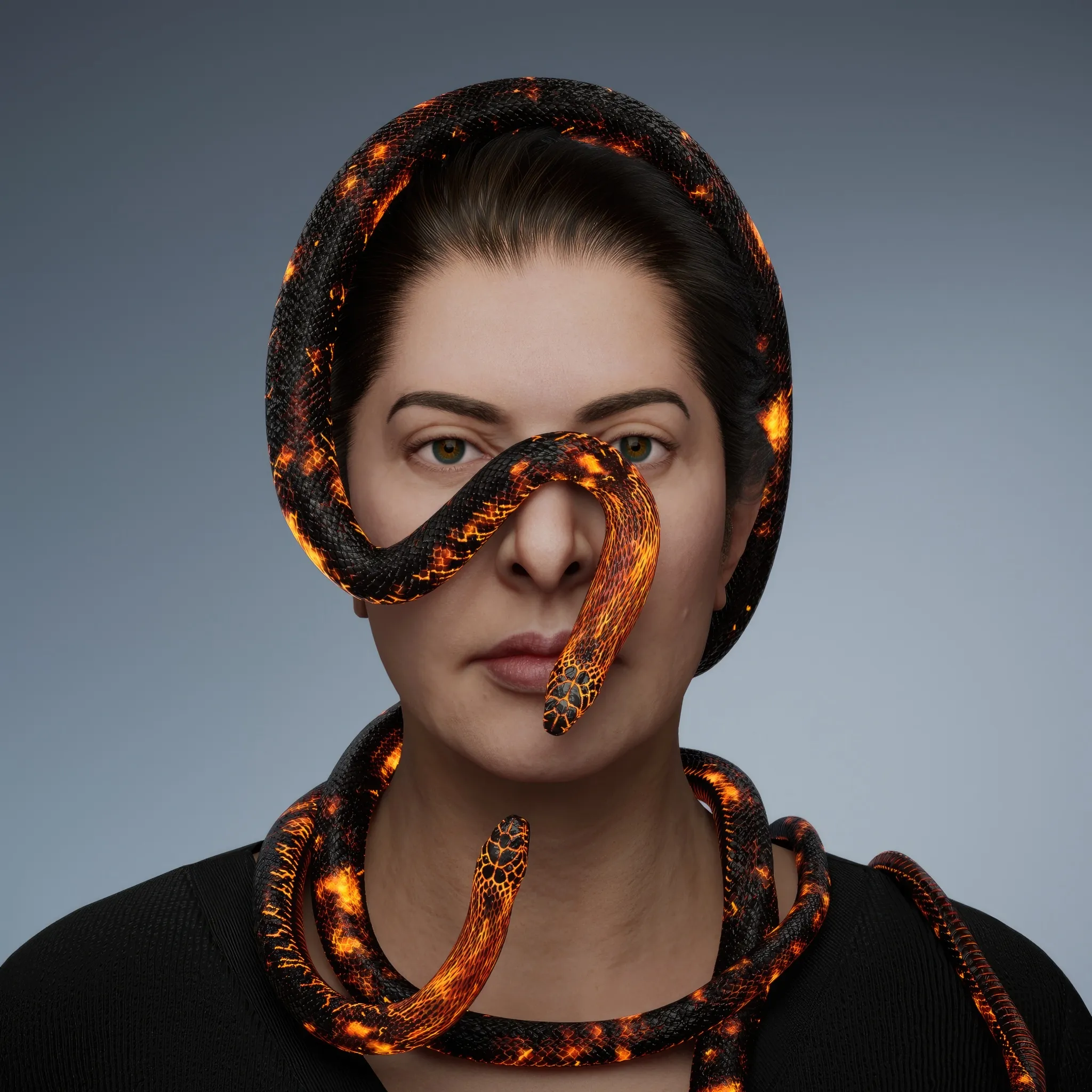 A portrait with snakes captures a profound inner dialogue—a confrontation with fear. As a child, Marina once walked through the woods with her grandmother and unknowingly picked up what she thought was a stick. It turned out to be a venomous snake, a creature that could have ended her life, but, instead, etched itself into her memory as a source of lingering fear. For Marina, art is a process where she brings her fears to life, confronting and transforming them. The snake, an ancient and powerful symbol, embodies duality and transformation. It is both protector and guide, carrying wisdom and the promise of healing. Through this potent symbol, the portrait weaves together vulnerability, strength, and the artist's journey of self-renewal.