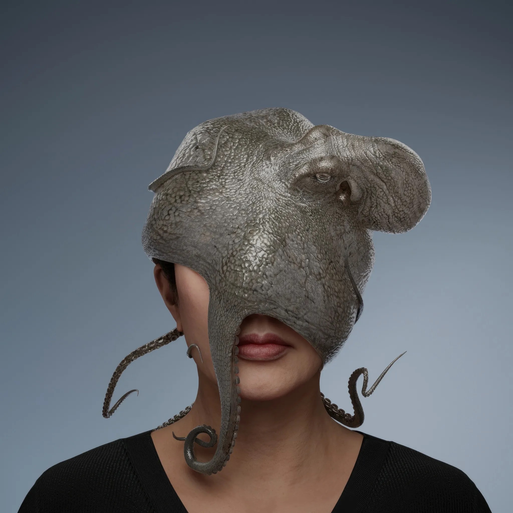 A portrait with an octopus embodies the themes of flexibility and adaptation, mirroring the creature's extraordinary ability to contort its form, change its colour, and blend seamlessly into its surroundings. This fluidity speaks to resilience and the power of transformation, yet the octopus also carries an opposing symbolism: that of disorientation and unease. The creation of this portrait involved a live octopus, placing both Marina and the animal in a shared trial of adaptation. The octopus, capable of surviving out of water for only 30 seconds without harm, found itself in an alien and perilous environment. Simultaneously, Marina faced her own challenge as the octopus clung to her, wrapping its tentacles around her face and blocking her nose, momentarily cutting off her access to air. This intense interaction underscores the delicate balance between survival, surrender, and the dynamic interplay of control and vulnerability.