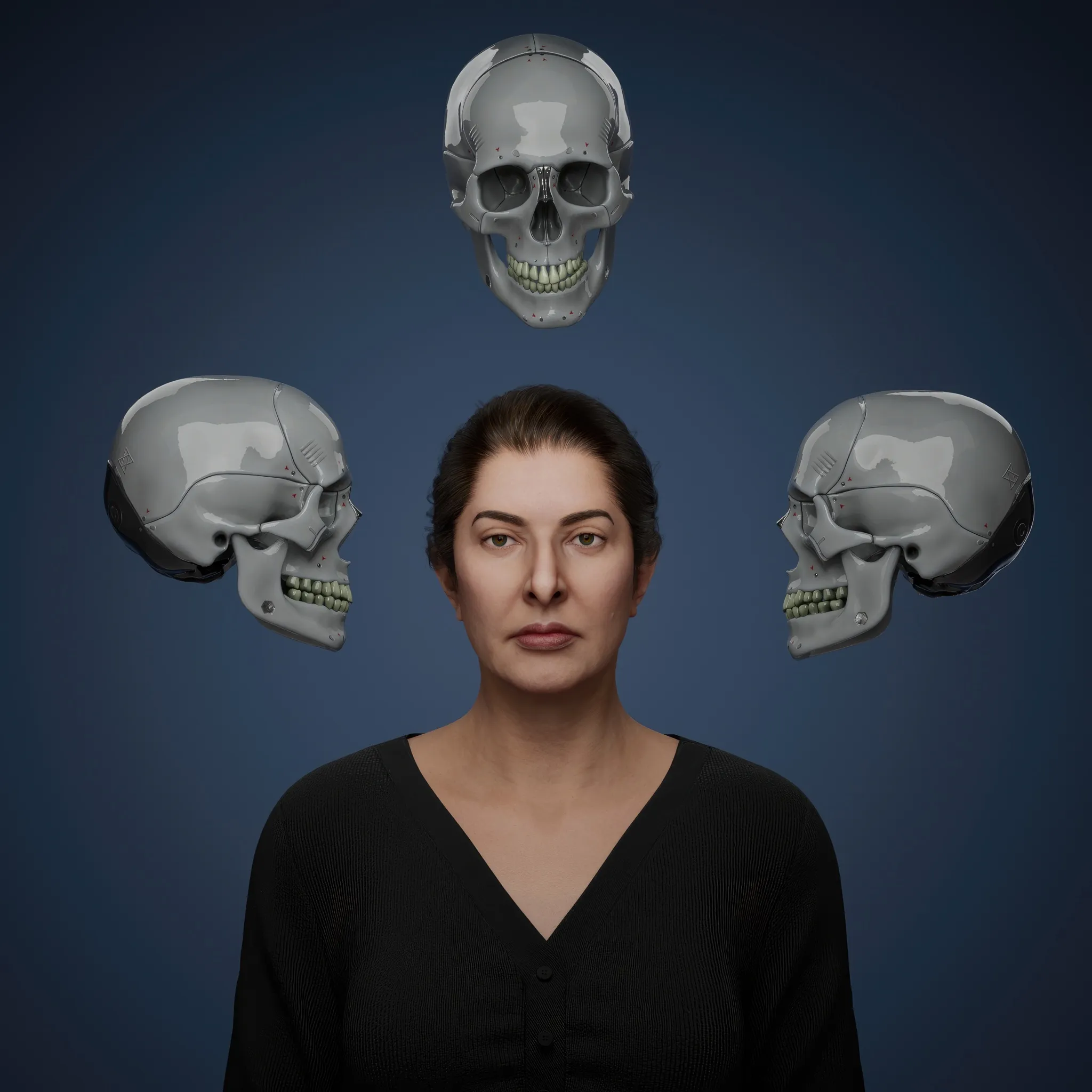 From the outset, Marina Abramović's practice has pushed the limits of experimental art, with actions that function as purification rituals in her quest for an absolute freedom. This work belongs to the broader series titled The Balkans and is deeply intertwined with her performance Nude with Skeleton. The piece draws inspiration from an ancient Tibetan tradition, where monks meditate on impermanence by sleeping in cemeteries alongside decaying corpses. In Self-Portrait with Skeleton, Abramović confronts the inevitability of her own death, using the skeletal form as both a companion and a mirror.