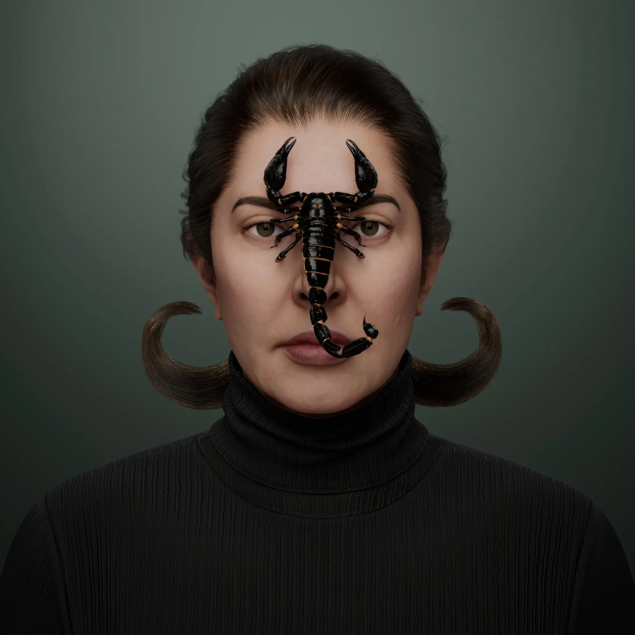 This evocative self-portrait featuring a scorpion is an homage to Frida Kahlo. In 1938, Kahlo painted Self-Portrait with Monkey, where the monkey—symbolising desire in Mexican mythology—sits tenderly beside her, embraced in a gesture of quiet protection. Abramović, however, replaced the monkey's gentle presence with the scorpion's lethal intensity, a creature embodying danger and resilience. This stark contrast reflects Marina Abramović's artistic ethos, delving into the tension of extremes and the confrontation of fear that defines much of her performative work.