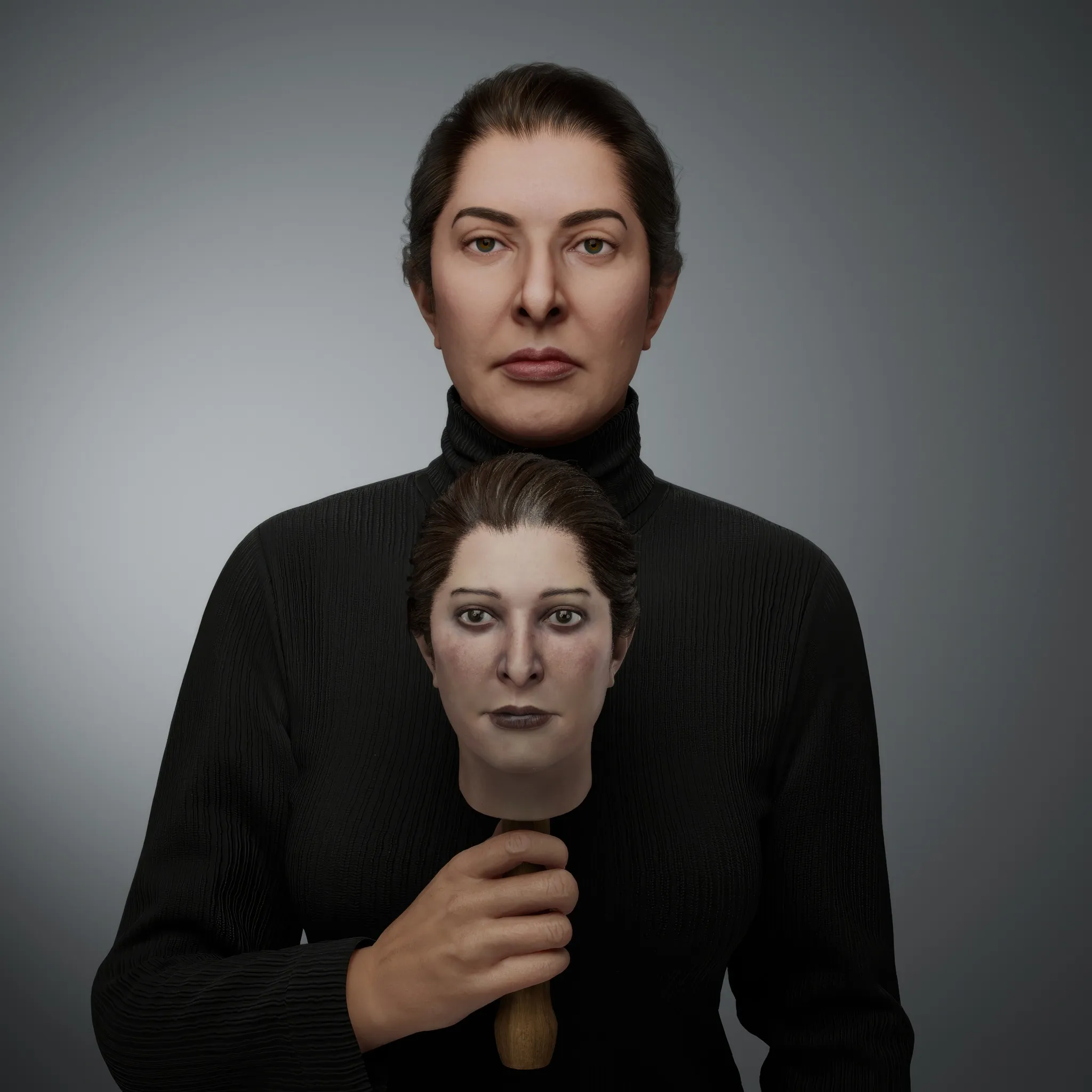 The Mini-me is a doll, a replica of Marina. This double invites exploration of the coexistence of multiple personalities within a single individual, reflecting the complex layers of identity. Another interpretation sees the doll as a preservation of one's inner child—a smaller, vulnerable version of oneself that seeks care, protection, and nurturing. It serves as a poignant reminder of the tender core that remains within us all. Uniquely personal, the doll is not just a copy but an idealised version of Marina Abramović. For this creation, Marina cut her hair to use in its making, infusing the piece with an intimate and deeply symbolic connection to her identity.