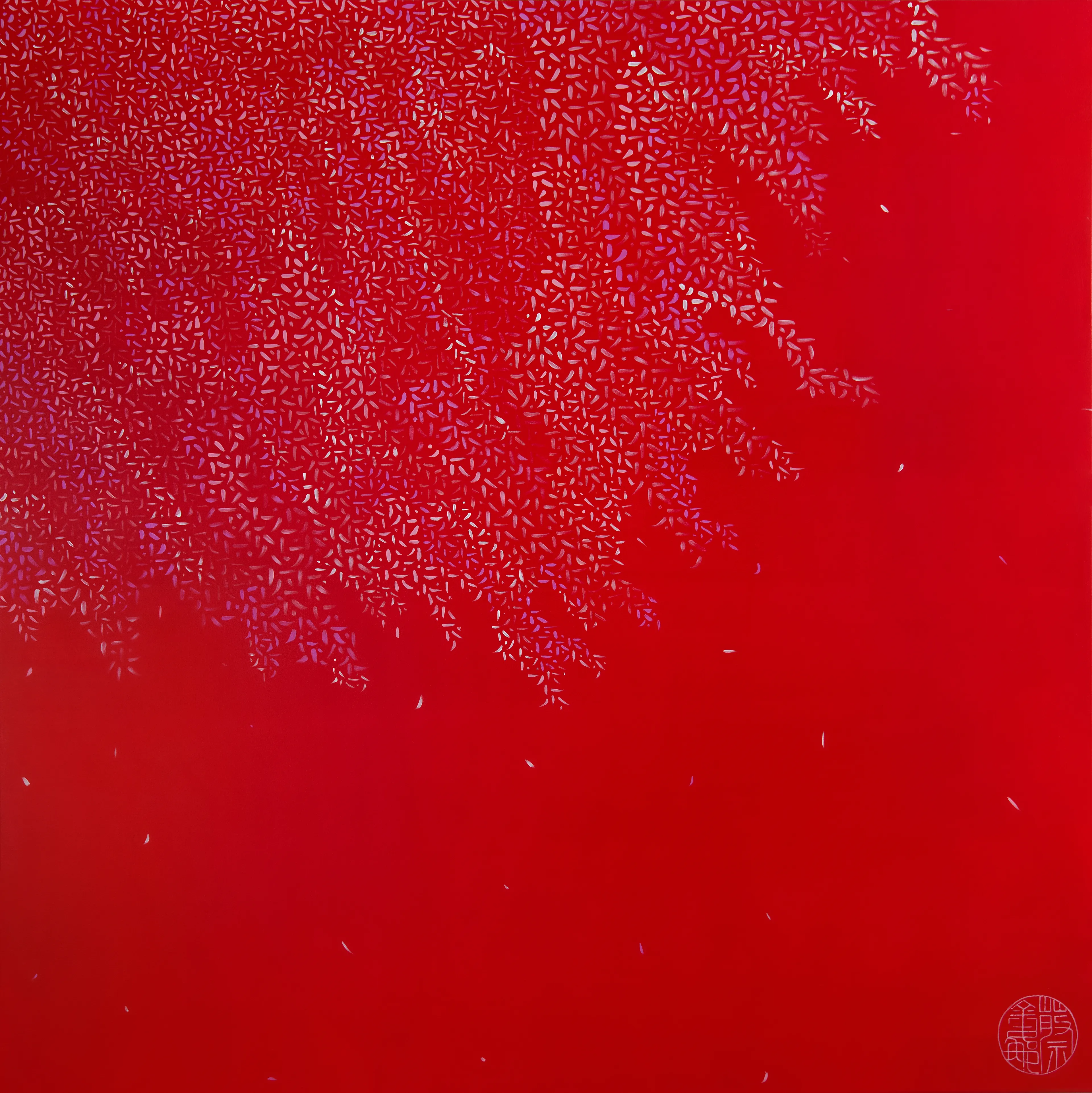 1/1
jpeg, 5238 × 5242
240 pixels per inch
INFINITY LANDSCAPES

‘Dance of the Cherry Blossom’ is symbolic of the fleeting beauty and fragility of life. It is painted using a fusion of traditional Chinese painting technique and methodology with Western modernism. The reverberating red, a fortuitous colour in Chinese culture, pulses with invigorating energy. It’s strength contrasts the thousands of tiny calligraphic strokes that tremble with the heart/mind of the artist. This work was created as a form of concentrated meditation, in keeping with the philosophical influence of the Chan Buddhist tradition on Chinese painting. It is a symbolic reminder to savour the moment and to look for the simple and exquisite beauty surrounding us every day. 

This work was meticulously hand-painted on canvas (1m x 1m) and translated as NFT with high resolution photography.