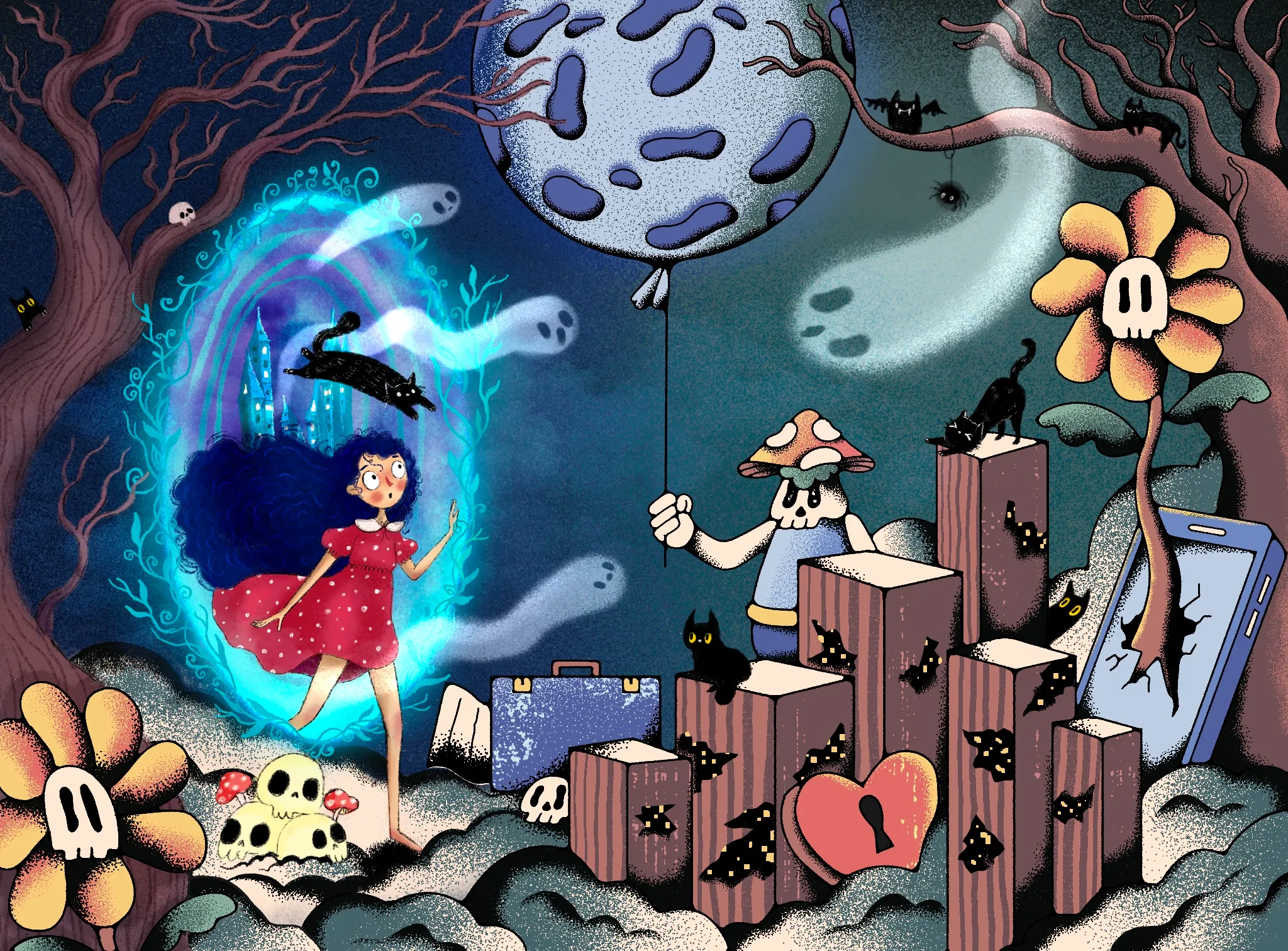 Collaboration with @sonyaillust

In a twilight realm where dreams drift between worlds, a girl steps through a glowing portal toward a spectral figure offering a moon-shaped balloon. Around them, spirits, black cats, and skeletal blooms echo the tenderness of longing and the fragility of connection.