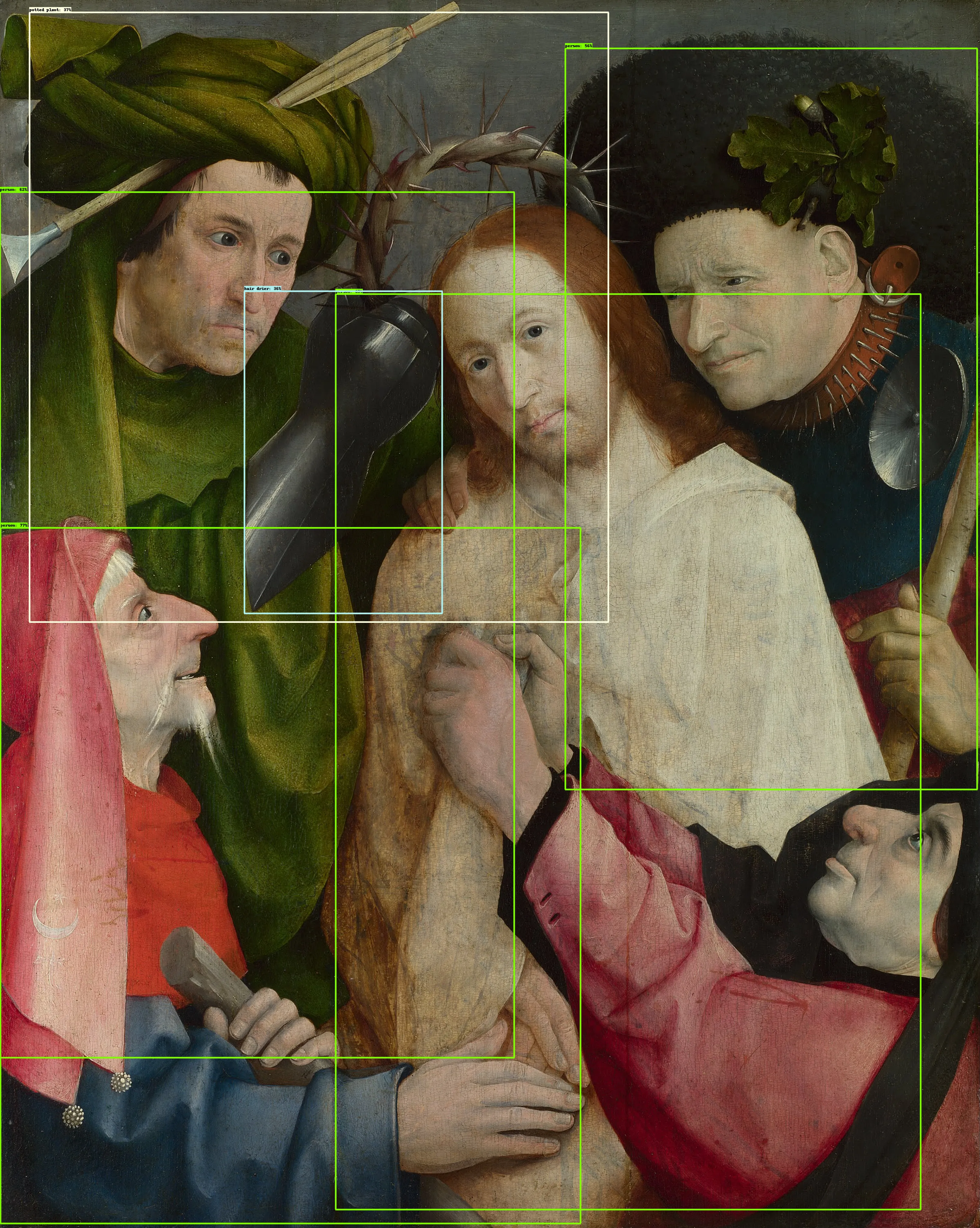 Object detection on Hieronymus Bosch - Christ Mocked (The Crowning with Thorns) (1490–1510)

Exploring the intersection of art, technology, and culture.

The idea behind this piece is to question how computer vision/technology interprets and enhances our understanding of classic art, while also highlighting its limitations.

Right-click and press "Open image in new tab" for maximum visibility.

𝘛𝘩𝘦 𝘢𝘳𝘵𝘸𝘰𝘳𝘬 𝘶𝘴𝘦𝘥 (𝘏𝘪𝘦𝘳𝘰𝘯𝘺𝘮𝘶𝘴 𝘉𝘰𝘴𝘤𝘩 - 𝘊𝘩𝘳𝘪𝘴𝘵 𝘔𝘰𝘤𝘬𝘦𝘥 (𝘛𝘩𝘦 𝘊𝘳𝘰𝘸𝘯𝘪𝘯𝘨 𝘸𝘪𝘵𝘩 𝘛𝘩𝘰𝘳𝘯𝘴)) 𝘪𝘴 𝘪𝘯 𝘵𝘩𝘦 𝘱𝘶𝘣𝘭𝘪𝘤 𝘥𝘰𝘮𝘢𝘪𝘯.


Piece Specs:  
Resolution_3222x4036  
Item type_PNG File  
Size_18.8 MB (19,718,147 bytes)

Ⓩ