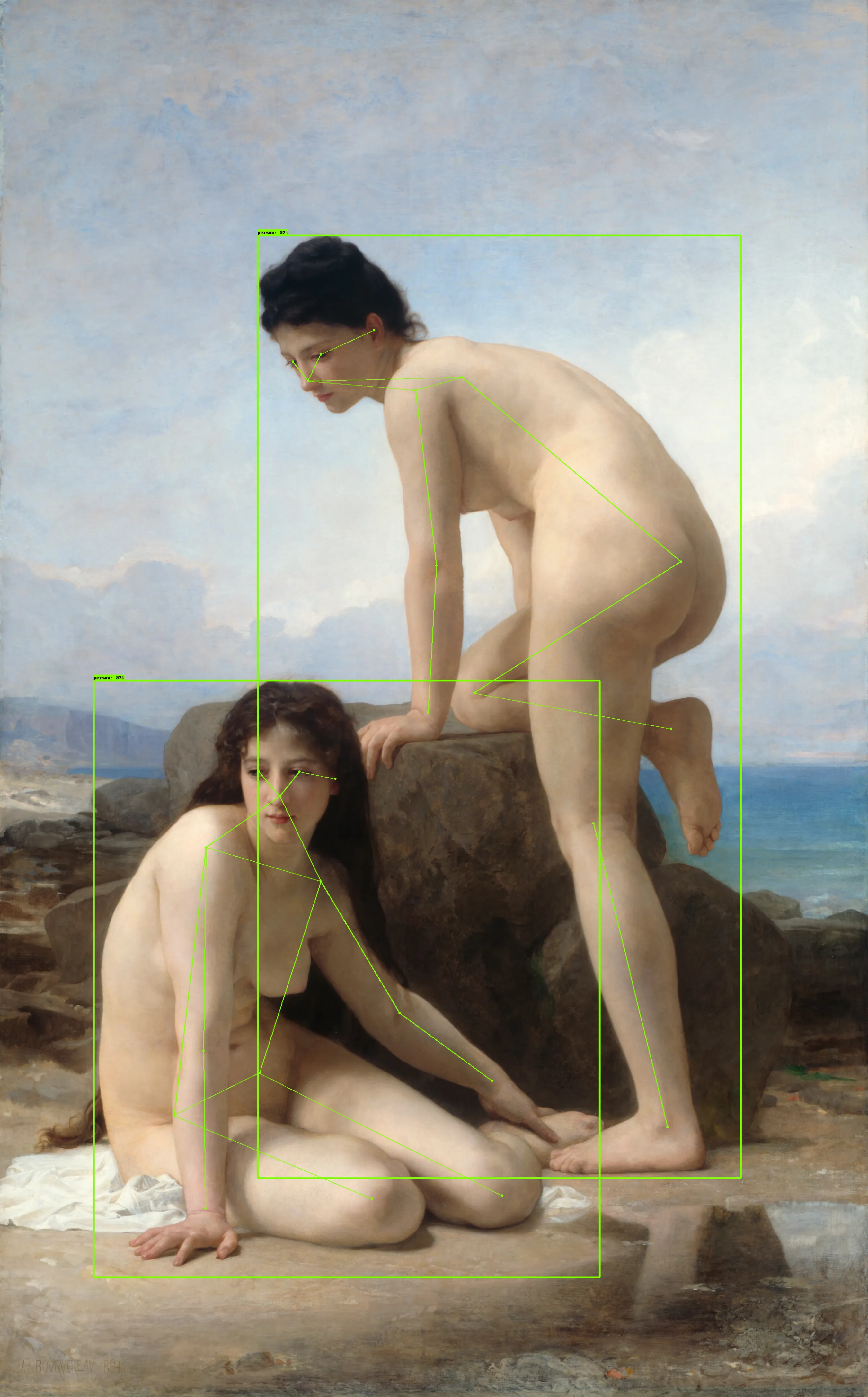 Object detection on William Adolphe Bouguereau - The Bathers (1884)

Exploring the intersection of art, technology, and culture.

The idea behind this piece is to question how computer vision/technology interprets and enhances our understanding of classic art, while also highlighting its limitations.

Right-click and press "Open image in new tab" for maximum visibility.

𝘛𝘩𝘦 𝘢𝘳𝘵𝘸𝘰𝘳𝘬 𝘶𝘴𝘦𝘥 (𝘞𝘪𝘭𝘭𝘪𝘢𝘮 𝘈𝘥𝘰𝘭𝘱𝘩𝘦 𝘉𝘰𝘶𝘨𝘶𝘦𝘳𝘦𝘢𝘶 - 𝘛𝘩𝘦 𝘉𝘢𝘵𝘩𝘦𝘳𝘴) 𝘪𝘴 𝘪𝘯 𝘵𝘩𝘦 𝘱𝘶𝘣𝘭𝘪𝘤 𝘥𝘰𝘮𝘢𝘪𝘯.


Piece Specs:  
Resolution_2702x4348  
Item type_PNG File  
Size_10.8 MB (11,356,459 bytes)

Ⓩ