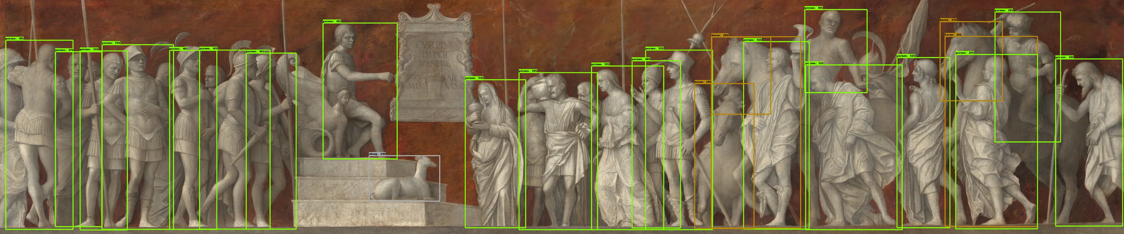 Object detection on Giovanni Bellini - An Episode from the Life of Publius Cornelius Scipio (After 1506)

Exploring the intersection of art, technology, and culture.

The idea behind this piece is to question how computer vision/technology interprets and enhances our understanding of classic art, while also highlighting its limitations.

Right-click and press "Open image in new tab" for maximum visibility.

𝘛𝘩𝘦 𝘢𝘳𝘵𝘸𝘰𝘳𝘬 𝘶𝘴𝘦𝘥 (𝘎𝘪𝘰𝘷𝘢𝘯𝘯𝘪 𝘉𝘦𝘭𝘭𝘪𝘯𝘪 - 𝘈𝘯 𝘌𝘱𝘪𝘴𝘰𝘥𝘦 𝘧𝘳𝘰𝘮 𝘵𝘩𝘦 𝘓𝘪𝘧𝘦 𝘰𝘧 𝘗𝘶𝘣𝘭𝘪𝘶𝘴 𝘊𝘰𝘳𝘯𝘦𝘭𝘪𝘶𝘴 𝘚𝘤𝘪𝘱𝘪𝘰) 𝘪𝘴 𝘪𝘯 𝘵𝘩𝘦 𝘱𝘶𝘣𝘭𝘪𝘤 𝘥𝘰𝘮𝘢𝘪𝘯.


Piece Specs:  
Resolution_4184x873  
Item type_PNG File  
Size_4.87 MB (5,114,676 bytes)

Ⓩ