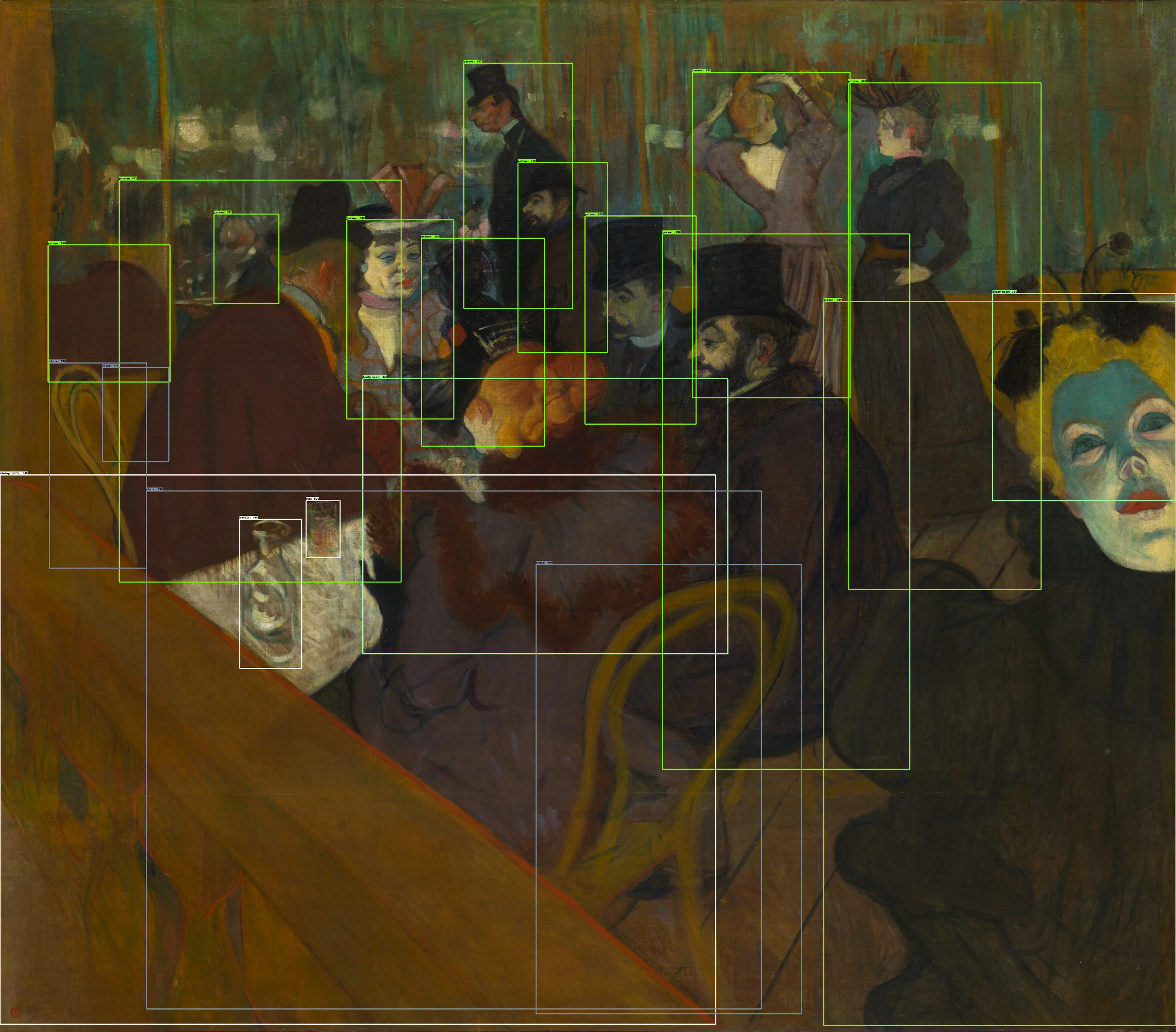 Object detection on Henri de Toulouse-Lautrec - At the Moulin Rouge (1892-1895)

Exploring the intersection of art, technology, and culture.

The idea behind this piece is to question how computer vision/technology interprets and enhances our understanding of classic art, while also highlighting its limitations.

Right-click and press "Open image in new tab" for maximum visibility.

𝘛𝘩𝘦 𝘢𝘳𝘵𝘸𝘰𝘳𝘬 𝘶𝘴𝘦𝘥 (𝘏𝘦𝘯𝘳𝘪 𝘥𝘦 𝘛𝘰𝘶𝘭𝘰𝘶𝘴𝘦-𝘓𝘢𝘶𝘵𝘳𝘦𝘤 - 𝘈𝘵 𝘵𝘩𝘦 𝘔𝘰𝘶𝘭𝘪𝘯 𝘙𝘰𝘶𝘨𝘦) 𝘪𝘴 𝘪𝘯 𝘵𝘩𝘦 𝘱𝘶𝘣𝘭𝘪𝘤 𝘥𝘰𝘮𝘢𝘪𝘯.


Piece Specs:  
Resolution_4184x3670  
Item type_PNG File  
Size_15.3 MB (16,082,491 bytes)

Ⓩ