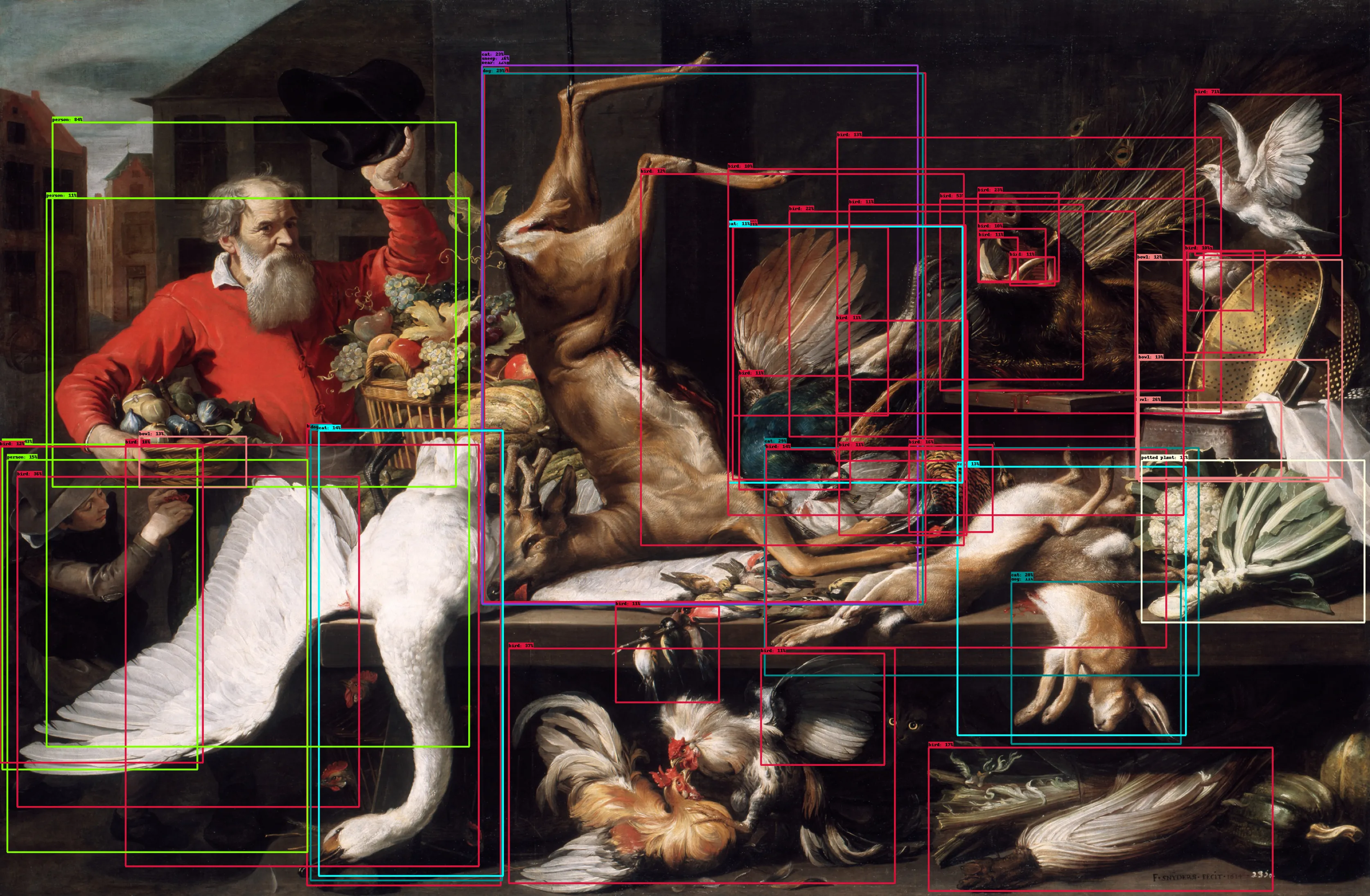 Object detection on Frans Snyders - Still Life with Dead Game, Fruits, and Vegetables in a Market (1614)

Exploring the intersection of art, technology, and culture.

The idea behind this piece is to question how computer vision/technology interprets and enhances our understanding of classic art, while also highlighting its limitations.

Right-click and press "Open image in new tab" for maximum visibility.

𝘛𝘩𝘦 𝘢𝘳𝘵𝘸𝘰𝘳𝘬 𝘶𝘴𝘦𝘥 (𝘍𝘳𝘢𝘯𝘴 𝘚𝘯𝘺𝘥𝘦𝘳𝘴 - 𝘚𝘵𝘪𝘭𝘭 𝘓𝘪𝘧𝘦 𝘸𝘪𝘵𝘩 𝘋𝘦𝘢𝘥 𝘎𝘢𝘮𝘦, 𝘍𝘳𝘶𝘪𝘵𝘴, 𝘢𝘯𝘥 𝘝𝘦𝘨𝘦𝘵𝘢𝘣𝘭𝘦𝘴 𝘪𝘯 𝘢 𝘔𝘢𝘳𝘬𝘦𝘵) 𝘪𝘴 𝘪𝘯 𝘵𝘩𝘦 𝘱𝘶𝘣𝘭𝘪𝘤 𝘥𝘰𝘮𝘢𝘪𝘯.


Piece Specs:  
Resolution_3347x2190  
Item type_PNG File  
Size_9.43 MB (9,890,838 bytes)

Ⓩ