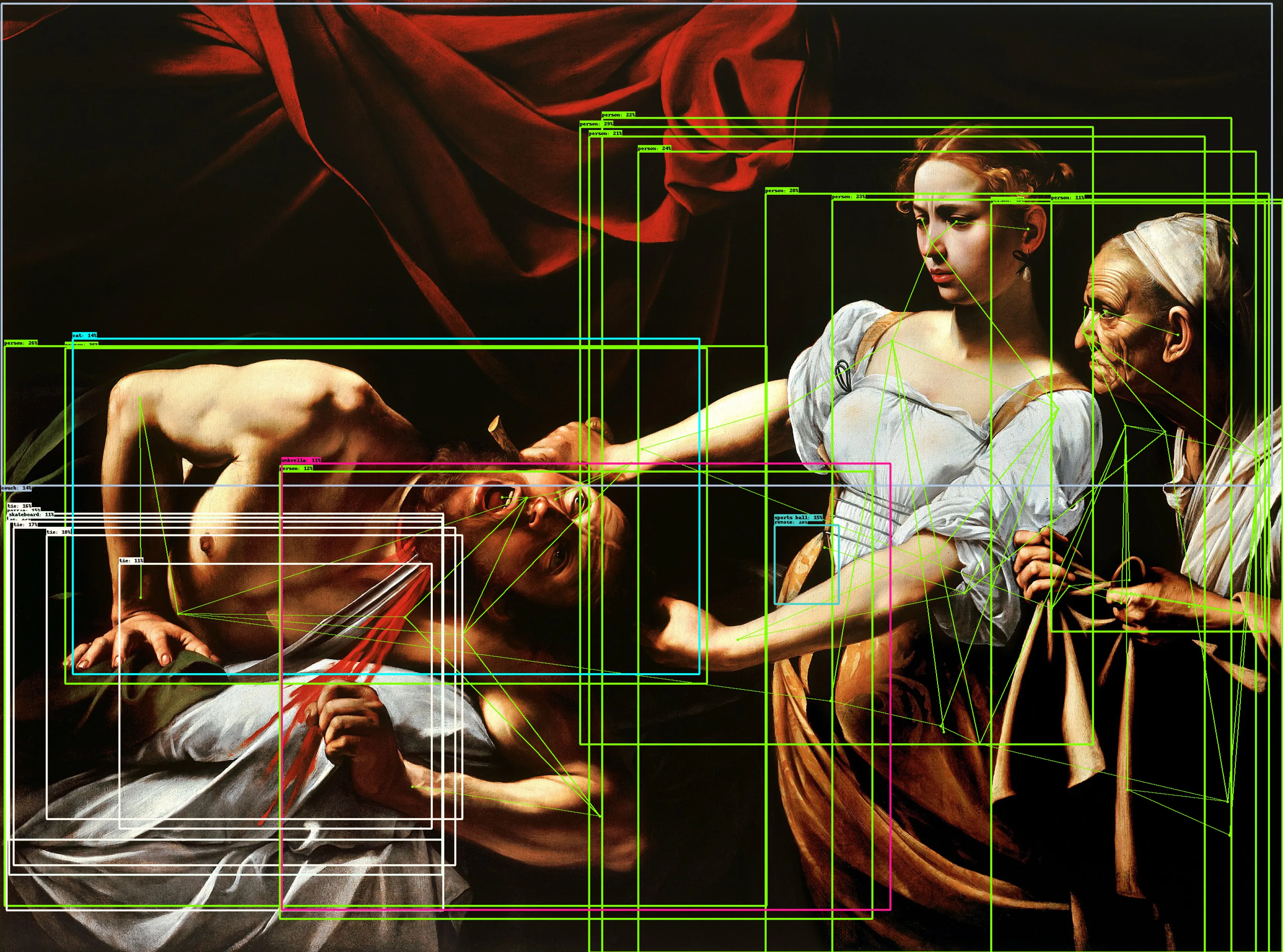 Object detection on Caravaggio - Judith Beheading Holofernes (1598–1599)

Exploring the intersection of art, technology, and culture.

The idea behind this piece is to question how computer vision/technology interprets and enhances our understanding of classic art, while also highlighting its limitations.

Right-click and press "Open image in new tab" for maximum visibility.

𝘛𝘩𝘦 𝘢𝘳𝘵𝘸𝘰𝘳𝘬 𝘶𝘴𝘦𝘥 (𝘊𝘢𝘳𝘢𝘷𝘢𝘨𝘨𝘪𝘰 - 𝘑𝘶𝘥𝘪𝘵𝘩 𝘉𝘦𝘩𝘦𝘢𝘥𝘪𝘯𝘨 𝘏𝘰𝘭𝘰𝘧𝘦𝘳𝘯𝘦𝘴) 𝘪𝘴 𝘪𝘯 𝘵𝘩𝘦 𝘱𝘶𝘣𝘭𝘪𝘤 𝘥𝘰𝘮𝘢𝘪𝘯.


Piece Specs:  
Resolution_3347x2483  
Item type_PNG File  
Size_10.1 MB (10,622,297 bytes)

Ⓩ