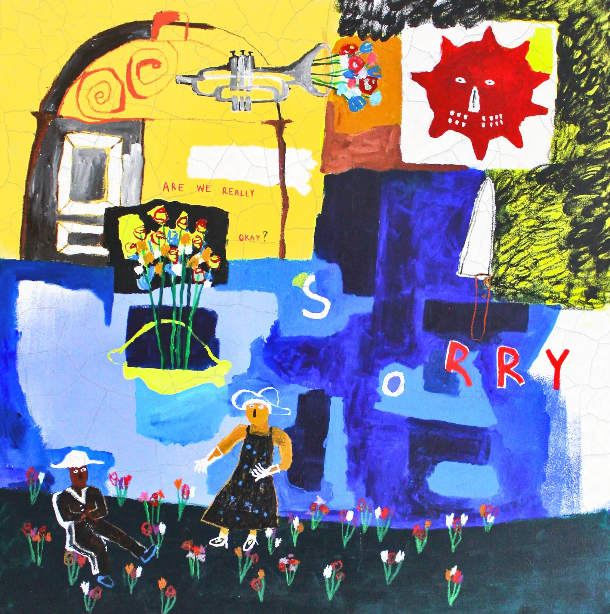 Fighting seems natural to us, so we sent each other flowers. Arguments get louder, they taste a bit sour, so we sent each other flowers. We stepped on toes, even though we intended to dance tonight. Instead we dance around the flowers, under the sun for all the world to see.  

*Acrylic and Oil pastel on Canvas + digital edits*

**Minimum bid increase of $20**