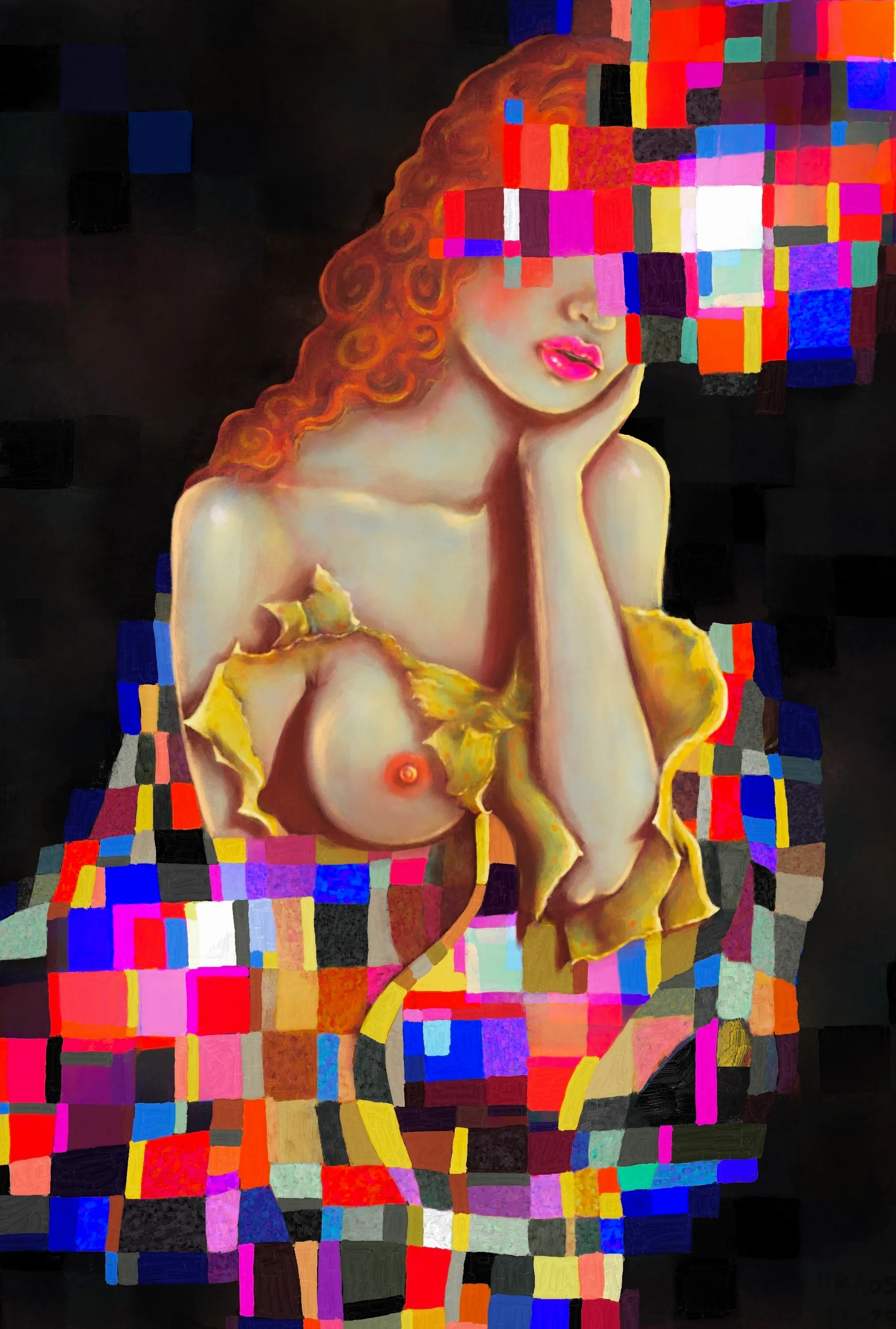 𝙰𝙸 
(dress/pose)
Stable diffusion 
𝙳𝚒𝚐𝚒𝚝𝚊𝚕 𝚙𝚊𝚒𝚗𝚝𝚒𝚗𝚐 
(background, face, body, foreground)
Photoshop, Wacom

Visit website/Twitter to see process and inspiration