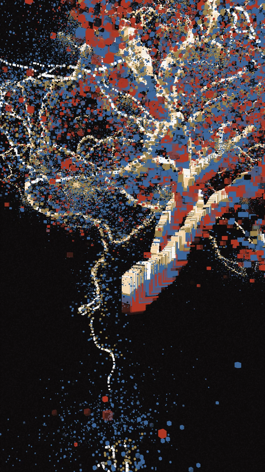 mole^3 speculates that it was through Piet Mondrian’s art that Hiroshi Kawano, living in post-war Japan, may have sought to sublimate the negative emotions caused by the war through the pursuit of beauty. Her work, _Changes, Cycles, and Shapes in Between_, analyzes the process by which Mondrian arrived at his ultimate forms through an approach whereby shapes and colors evolved organically. In painting, “shape” has an axis of < figurative ↔ abstract > and an axis of < noise ↔ linear >, while “color” also has an axis of < noise ↔ linear >. Using a “component diagram of painting” (see below) as reference, mole^3 developed a means of cycling through multiple visual idioms at once, with the work expressing the cycle itself. In this way, _Changes, Cycles, and Shapes in Between_ evokes a shifting state of digital materiality — a literal pattern of flow that oscillates between figuration and abstraction. By further incorporating textures printed using a baren, she has encoded her identity as a printmaker in natively digital form.<br><br>mole^3は、戦後日本に生きた川野洋が、ピート・モンドリアンの芸術を通じて、戦争によって引き起こされた負の感情を美の追求によって昇華しようとしたのではないかと推測しています。彼女の作品「Changes, Cycles, and Shapes in Between」は、モンドリアンが形状と色彩を有機的に進化させるアプローチを通じて、最終的な形に到達したプロセスを分析しています。絵画において、「形」には〈具象↔抽象〉の軸と〈ノイズ↔線的〉の軸があり、「色彩」にも〈ノイズ↔線的〉の軸があります。「絵画の構成図」を参考にしながら、mole^3は複数の視覚的イディオムを同時に循環させる手法を開発し、作品自体でそのサイクルを表現しました。このようにして、「Changes, Cycles, and Shapes in Between」は、具象と抽象の間を揺れ動くデジタル素材の変動する状態――文字通りの「流れのパターン」を喚起しています。さらに、バレンを使用して印刷されたテクスチャを取り入れることで、彼女は版画家としてのアイデンティティをネイティブなデジタル形式でコード化しました。