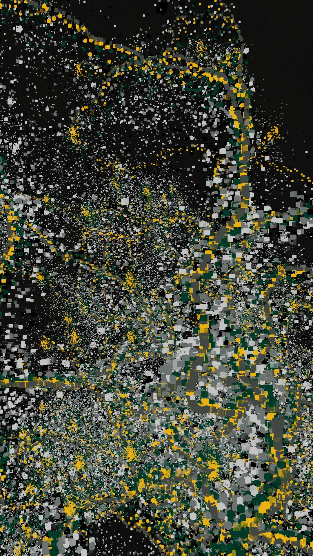 mole^3 speculates that it was through Piet Mondrian’s art that Hiroshi Kawano, living in post-war Japan, may have sought to sublimate the negative emotions caused by the war through the pursuit of beauty. Her work, _Changes, Cycles, and Shapes in Between_, analyzes the process by which Mondrian arrived at his ultimate forms through an approach whereby shapes and colors evolved organically. In painting, “shape” has an axis of < figurative ↔ abstract > and an axis of < noise ↔ linear >, while “color” also has an axis of < noise ↔ linear >. Using a “component diagram of painting” (see below) as reference, mole^3 developed a means of cycling through multiple visual idioms at once, with the work expressing the cycle itself. In this way, _Changes, Cycles, and Shapes in Between_ evokes a shifting state of digital materiality — a literal pattern of flow that oscillates between figuration and abstraction. By further incorporating textures printed using a baren, she has encoded her identity as a printmaker in natively digital form.<br><br>mole^3は、戦後日本に生きた川野洋が、ピート・モンドリアンの芸術を通じて、戦争によって引き起こされた負の感情を美の追求によって昇華しようとしたのではないかと推測しています。彼女の作品「Changes, Cycles, and Shapes in Between」は、モンドリアンが形状と色彩を有機的に進化させるアプローチを通じて、最終的な形に到達したプロセスを分析しています。絵画において、「形」には〈具象↔抽象〉の軸と〈ノイズ↔線的〉の軸があり、「色彩」にも〈ノイズ↔線的〉の軸があります。「絵画の構成図」を参考にしながら、mole^3は複数の視覚的イディオムを同時に循環させる手法を開発し、作品自体でそのサイクルを表現しました。このようにして、「Changes, Cycles, and Shapes in Between」は、具象と抽象の間を揺れ動くデジタル素材の変動する状態――文字通りの「流れのパターン」を喚起しています。さらに、バレンを使用して印刷されたテクスチャを取り入れることで、彼女は版画家としてのアイデンティティをネイティブなデジタル形式でコード化しました。