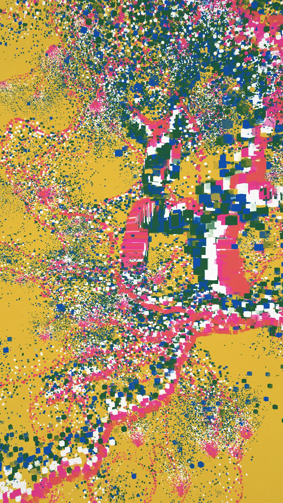 mole^3 speculates that it was through Piet Mondrian’s art that Hiroshi Kawano, living in post-war Japan, may have sought to sublimate the negative emotions caused by the war through the pursuit of beauty. Her work, _Changes, Cycles, and Shapes in Between_, analyzes the process by which Mondrian arrived at his ultimate forms through an approach whereby shapes and colors evolved organically. In painting, “shape” has an axis of < figurative ↔ abstract > and an axis of < noise ↔ linear >, while “color” also has an axis of < noise ↔ linear >. Using a “component diagram of painting” (see below) as reference, mole^3 developed a means of cycling through multiple visual idioms at once, with the work expressing the cycle itself. In this way, _Changes, Cycles, and Shapes in Between_ evokes a shifting state of digital materiality — a literal pattern of flow that oscillates between figuration and abstraction. By further incorporating textures printed using a baren, she has encoded her identity as a printmaker in natively digital form.<br><br>mole^3は、戦後日本に生きた川野洋が、ピート・モンドリアンの芸術を通じて、戦争によって引き起こされた負の感情を美の追求によって昇華しようとしたのではないかと推測しています。彼女の作品「Changes, Cycles, and Shapes in Between」は、モンドリアンが形状と色彩を有機的に進化させるアプローチを通じて、最終的な形に到達したプロセスを分析しています。絵画において、「形」には〈具象↔抽象〉の軸と〈ノイズ↔線的〉の軸があり、「色彩」にも〈ノイズ↔線的〉の軸があります。「絵画の構成図」を参考にしながら、mole^3は複数の視覚的イディオムを同時に循環させる手法を開発し、作品自体でそのサイクルを表現しました。このようにして、「Changes, Cycles, and Shapes in Between」は、具象と抽象の間を揺れ動くデジタル素材の変動する状態――文字通りの「流れのパターン」を喚起しています。さらに、バレンを使用して印刷されたテクスチャを取り入れることで、彼女は版画家としてのアイデンティティをネイティブなデジタル形式でコード化しました。