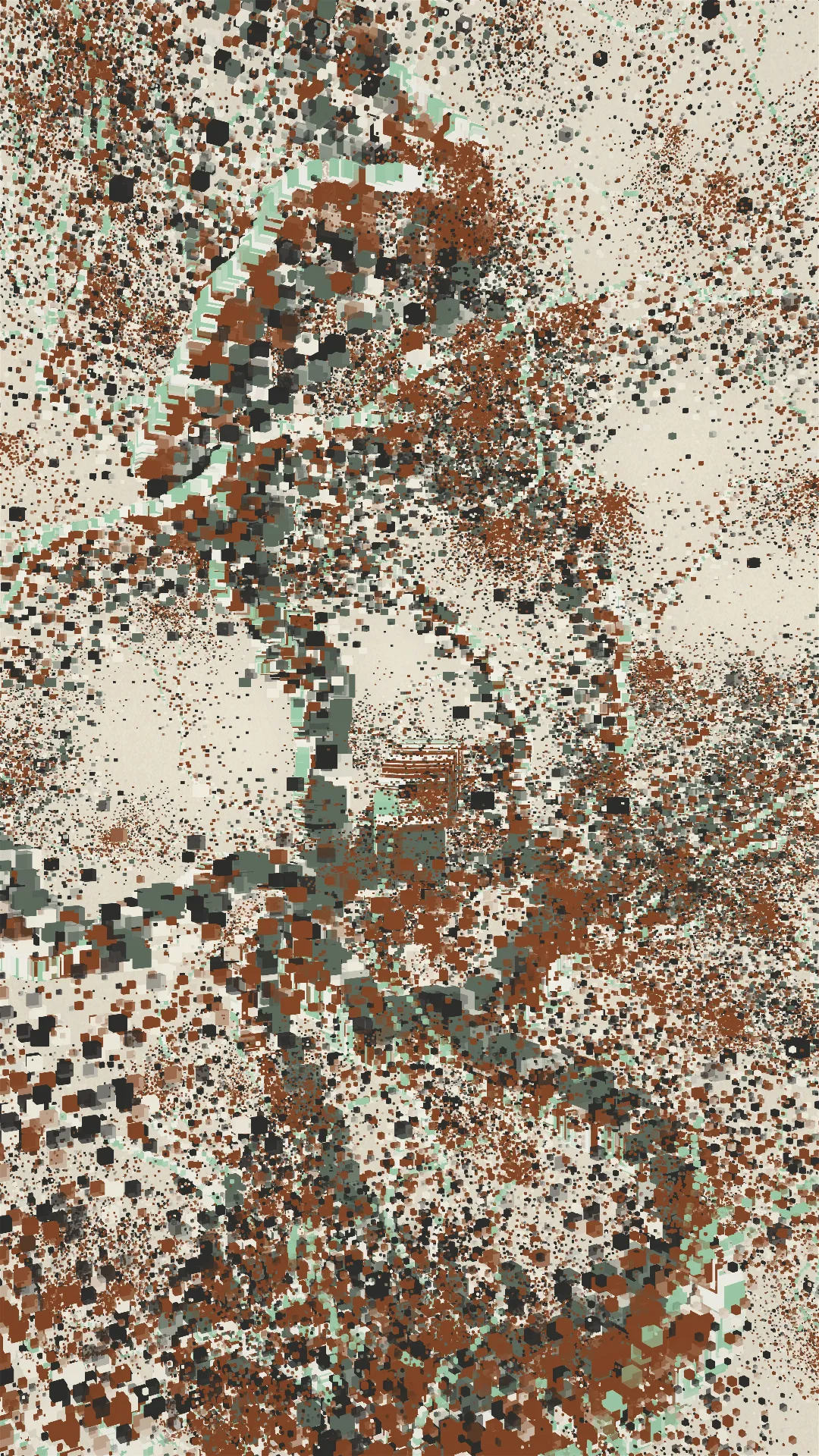 mole^3 speculates that it was through Piet Mondrian’s art that Hiroshi Kawano, living in post-war Japan, may have sought to sublimate the negative emotions caused by the war through the pursuit of beauty. Her work, _Changes, Cycles, and Shapes in Between_, analyzes the process by which Mondrian arrived at his ultimate forms through an approach whereby shapes and colors evolved organically. In painting, “shape” has an axis of < figurative ↔ abstract > and an axis of < noise ↔ linear >, while “color” also has an axis of < noise ↔ linear >. Using a “component diagram of painting” (see below) as reference, mole^3 developed a means of cycling through multiple visual idioms at once, with the work expressing the cycle itself. In this way, _Changes, Cycles, and Shapes in Between_ evokes a shifting state of digital materiality — a literal pattern of flow that oscillates between figuration and abstraction. By further incorporating textures printed using a baren, she has encoded her identity as a printmaker in natively digital form.<br><br>mole^3は、戦後日本に生きた川野洋が、ピート・モンドリアンの芸術を通じて、戦争によって引き起こされた負の感情を美の追求によって昇華しようとしたのではないかと推測しています。彼女の作品「Changes, Cycles, and Shapes in Between」は、モンドリアンが形状と色彩を有機的に進化させるアプローチを通じて、最終的な形に到達したプロセスを分析しています。絵画において、「形」には〈具象↔抽象〉の軸と〈ノイズ↔線的〉の軸があり、「色彩」にも〈ノイズ↔線的〉の軸があります。「絵画の構成図」を参考にしながら、mole^3は複数の視覚的イディオムを同時に循環させる手法を開発し、作品自体でそのサイクルを表現しました。このようにして、「Changes, Cycles, and Shapes in Between」は、具象と抽象の間を揺れ動くデジタル素材の変動する状態――文字通りの「流れのパターン」を喚起しています。さらに、バレンを使用して印刷されたテクスチャを取り入れることで、彼女は版画家としてのアイデンティティをネイティブなデジタル形式でコード化しました。