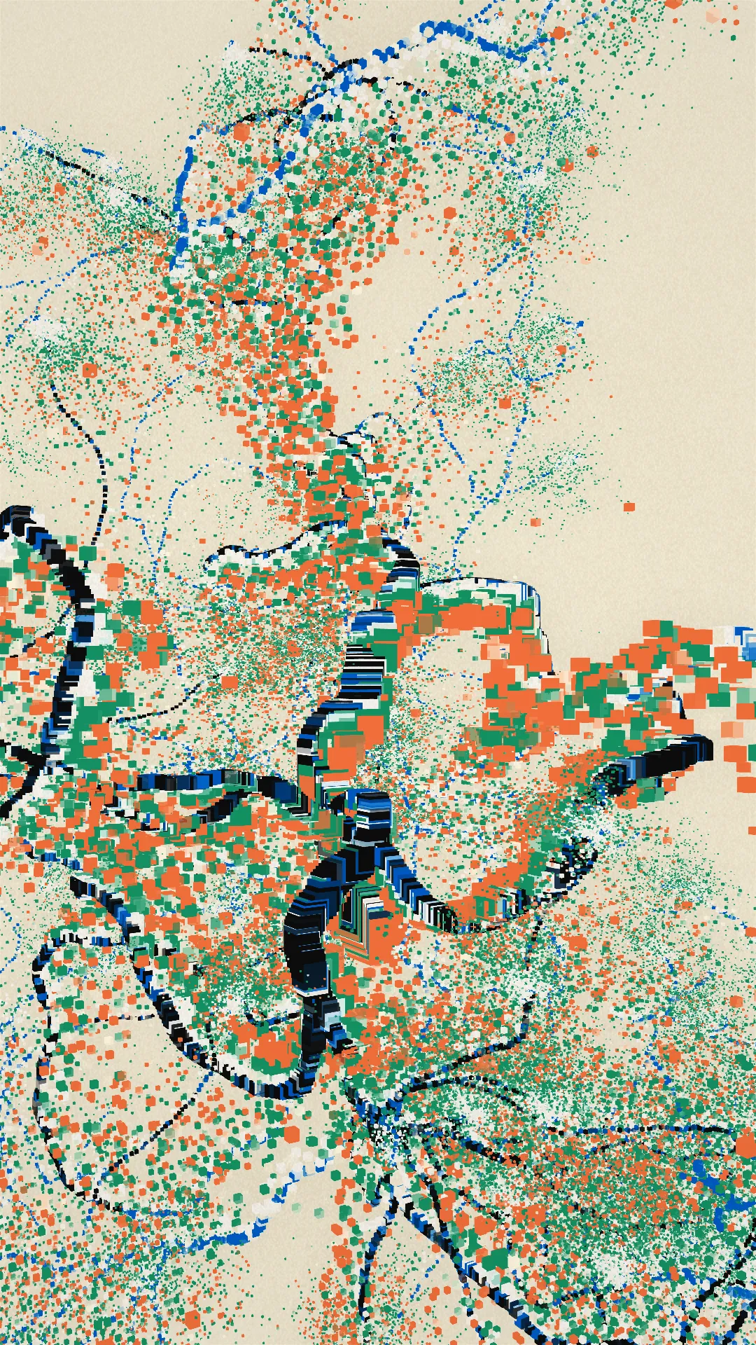 mole^3 speculates that it was through Piet Mondrian’s art that Hiroshi Kawano, living in post-war Japan, may have sought to sublimate the negative emotions caused by the war through the pursuit of beauty. Her work, _Changes, Cycles, and Shapes in Between_, analyzes the process by which Mondrian arrived at his ultimate forms through an approach whereby shapes and colors evolved organically. In painting, “shape” has an axis of < figurative ↔ abstract > and an axis of < noise ↔ linear >, while “color” also has an axis of < noise ↔ linear >. Using a “component diagram of painting” (see below) as reference, mole^3 developed a means of cycling through multiple visual idioms at once, with the work expressing the cycle itself. In this way, _Changes, Cycles, and Shapes in Between_ evokes a shifting state of digital materiality — a literal pattern of flow that oscillates between figuration and abstraction. By further incorporating textures printed using a baren, she has encoded her identity as a printmaker in natively digital form.<br><br>mole^3は、戦後日本に生きた川野洋が、ピート・モンドリアンの芸術を通じて、戦争によって引き起こされた負の感情を美の追求によって昇華しようとしたのではないかと推測しています。彼女の作品「Changes, Cycles, and Shapes in Between」は、モンドリアンが形状と色彩を有機的に進化させるアプローチを通じて、最終的な形に到達したプロセスを分析しています。絵画において、「形」には〈具象↔抽象〉の軸と〈ノイズ↔線的〉の軸があり、「色彩」にも〈ノイズ↔線的〉の軸があります。「絵画の構成図」を参考にしながら、mole^3は複数の視覚的イディオムを同時に循環させる手法を開発し、作品自体でそのサイクルを表現しました。このようにして、「Changes, Cycles, and Shapes in Between」は、具象と抽象の間を揺れ動くデジタル素材の変動する状態――文字通りの「流れのパターン」を喚起しています。さらに、バレンを使用して印刷されたテクスチャを取り入れることで、彼女は版画家としてのアイデンティティをネイティブなデジタル形式でコード化しました。