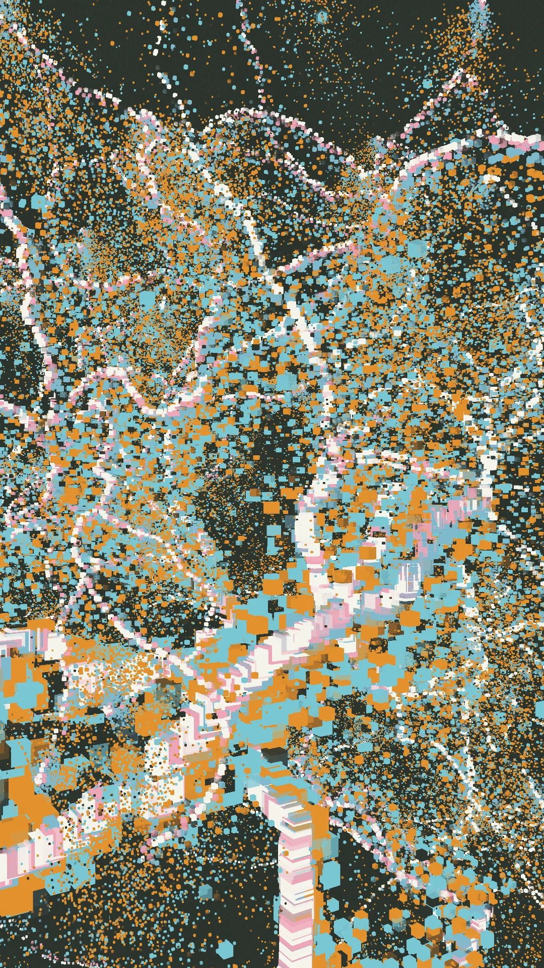 mole^3 speculates that it was through Piet Mondrian’s art that Hiroshi Kawano, living in post-war Japan, may have sought to sublimate the negative emotions caused by the war through the pursuit of beauty. Her work, _Changes, Cycles, and Shapes in Between_, analyzes the process by which Mondrian arrived at his ultimate forms through an approach whereby shapes and colors evolved organically. In painting, “shape” has an axis of < figurative ↔ abstract > and an axis of < noise ↔ linear >, while “color” also has an axis of < noise ↔ linear >. Using a “component diagram of painting” (see below) as reference, mole^3 developed a means of cycling through multiple visual idioms at once, with the work expressing the cycle itself. In this way, _Changes, Cycles, and Shapes in Between_ evokes a shifting state of digital materiality — a literal pattern of flow that oscillates between figuration and abstraction. By further incorporating textures printed using a baren, she has encoded her identity as a printmaker in natively digital form.<br><br>mole^3は、戦後日本に生きた川野洋が、ピート・モンドリアンの芸術を通じて、戦争によって引き起こされた負の感情を美の追求によって昇華しようとしたのではないかと推測しています。彼女の作品「Changes, Cycles, and Shapes in Between」は、モンドリアンが形状と色彩を有機的に進化させるアプローチを通じて、最終的な形に到達したプロセスを分析しています。絵画において、「形」には〈具象↔抽象〉の軸と〈ノイズ↔線的〉の軸があり、「色彩」にも〈ノイズ↔線的〉の軸があります。「絵画の構成図」を参考にしながら、mole^3は複数の視覚的イディオムを同時に循環させる手法を開発し、作品自体でそのサイクルを表現しました。このようにして、「Changes, Cycles, and Shapes in Between」は、具象と抽象の間を揺れ動くデジタル素材の変動する状態――文字通りの「流れのパターン」を喚起しています。さらに、バレンを使用して印刷されたテクスチャを取り入れることで、彼女は版画家としてのアイデンティティをネイティブなデジタル形式でコード化しました。