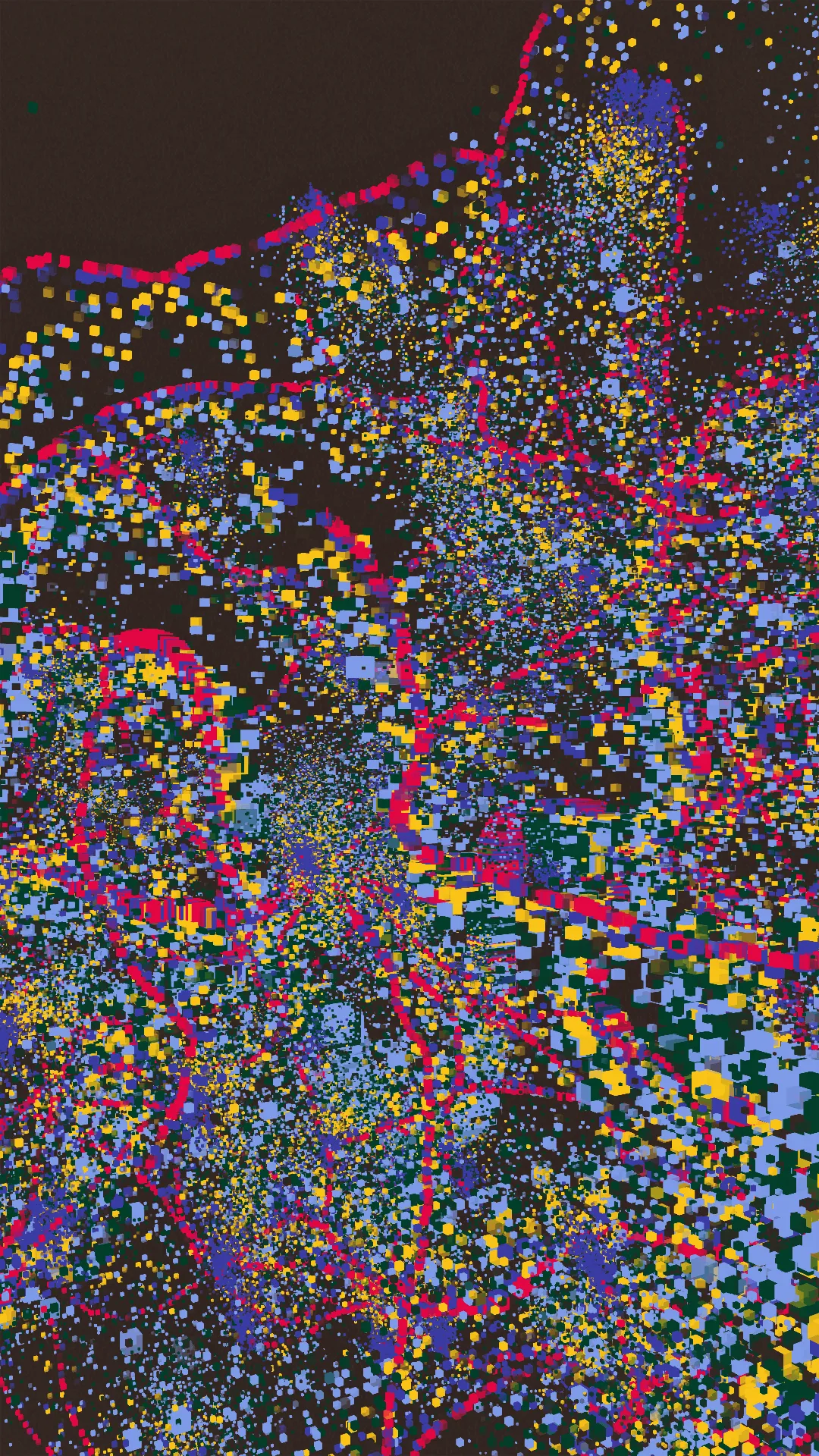 mole^3 speculates that it was through Piet Mondrian’s art that Hiroshi Kawano, living in post-war Japan, may have sought to sublimate the negative emotions caused by the war through the pursuit of beauty. Her work, _Changes, Cycles, and Shapes in Between_, analyzes the process by which Mondrian arrived at his ultimate forms through an approach whereby shapes and colors evolved organically. In painting, “shape” has an axis of < figurative ↔ abstract > and an axis of < noise ↔ linear >, while “color” also has an axis of < noise ↔ linear >. Using a “component diagram of painting” (see below) as reference, mole^3 developed a means of cycling through multiple visual idioms at once, with the work expressing the cycle itself. In this way, _Changes, Cycles, and Shapes in Between_ evokes a shifting state of digital materiality — a literal pattern of flow that oscillates between figuration and abstraction. By further incorporating textures printed using a baren, she has encoded her identity as a printmaker in natively digital form.<br><br>mole^3は、戦後日本に生きた川野洋が、ピート・モンドリアンの芸術を通じて、戦争によって引き起こされた負の感情を美の追求によって昇華しようとしたのではないかと推測しています。彼女の作品「Changes, Cycles, and Shapes in Between」は、モンドリアンが形状と色彩を有機的に進化させるアプローチを通じて、最終的な形に到達したプロセスを分析しています。絵画において、「形」には〈具象↔抽象〉の軸と〈ノイズ↔線的〉の軸があり、「色彩」にも〈ノイズ↔線的〉の軸があります。「絵画の構成図」を参考にしながら、mole^3は複数の視覚的イディオムを同時に循環させる手法を開発し、作品自体でそのサイクルを表現しました。このようにして、「Changes, Cycles, and Shapes in Between」は、具象と抽象の間を揺れ動くデジタル素材の変動する状態――文字通りの「流れのパターン」を喚起しています。さらに、バレンを使用して印刷されたテクスチャを取り入れることで、彼女は版画家としてのアイデンティティをネイティブなデジタル形式でコード化しました。