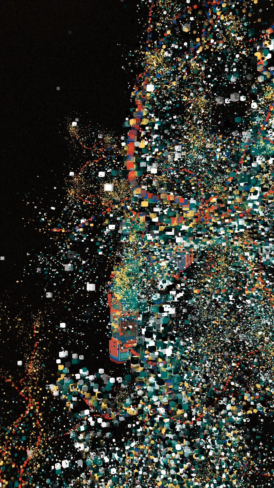 mole^3 speculates that it was through Piet Mondrian’s art that Hiroshi Kawano, living in post-war Japan, may have sought to sublimate the negative emotions caused by the war through the pursuit of beauty. Her work, _Changes, Cycles, and Shapes in Between_, analyzes the process by which Mondrian arrived at his ultimate forms through an approach whereby shapes and colors evolved organically. In painting, “shape” has an axis of < figurative ↔ abstract > and an axis of < noise ↔ linear >, while “color” also has an axis of < noise ↔ linear >. Using a “component diagram of painting” (see below) as reference, mole^3 developed a means of cycling through multiple visual idioms at once, with the work expressing the cycle itself. In this way, _Changes, Cycles, and Shapes in Between_ evokes a shifting state of digital materiality — a literal pattern of flow that oscillates between figuration and abstraction. By further incorporating textures printed using a baren, she has encoded her identity as a printmaker in natively digital form.<br><br>mole^3は、戦後日本に生きた川野洋が、ピート・モンドリアンの芸術を通じて、戦争によって引き起こされた負の感情を美の追求によって昇華しようとしたのではないかと推測しています。彼女の作品「Changes, Cycles, and Shapes in Between」は、モンドリアンが形状と色彩を有機的に進化させるアプローチを通じて、最終的な形に到達したプロセスを分析しています。絵画において、「形」には〈具象↔抽象〉の軸と〈ノイズ↔線的〉の軸があり、「色彩」にも〈ノイズ↔線的〉の軸があります。「絵画の構成図」を参考にしながら、mole^3は複数の視覚的イディオムを同時に循環させる手法を開発し、作品自体でそのサイクルを表現しました。このようにして、「Changes, Cycles, and Shapes in Between」は、具象と抽象の間を揺れ動くデジタル素材の変動する状態――文字通りの「流れのパターン」を喚起しています。さらに、バレンを使用して印刷されたテクスチャを取り入れることで、彼女は版画家としてのアイデンティティをネイティブなデジタル形式でコード化しました。