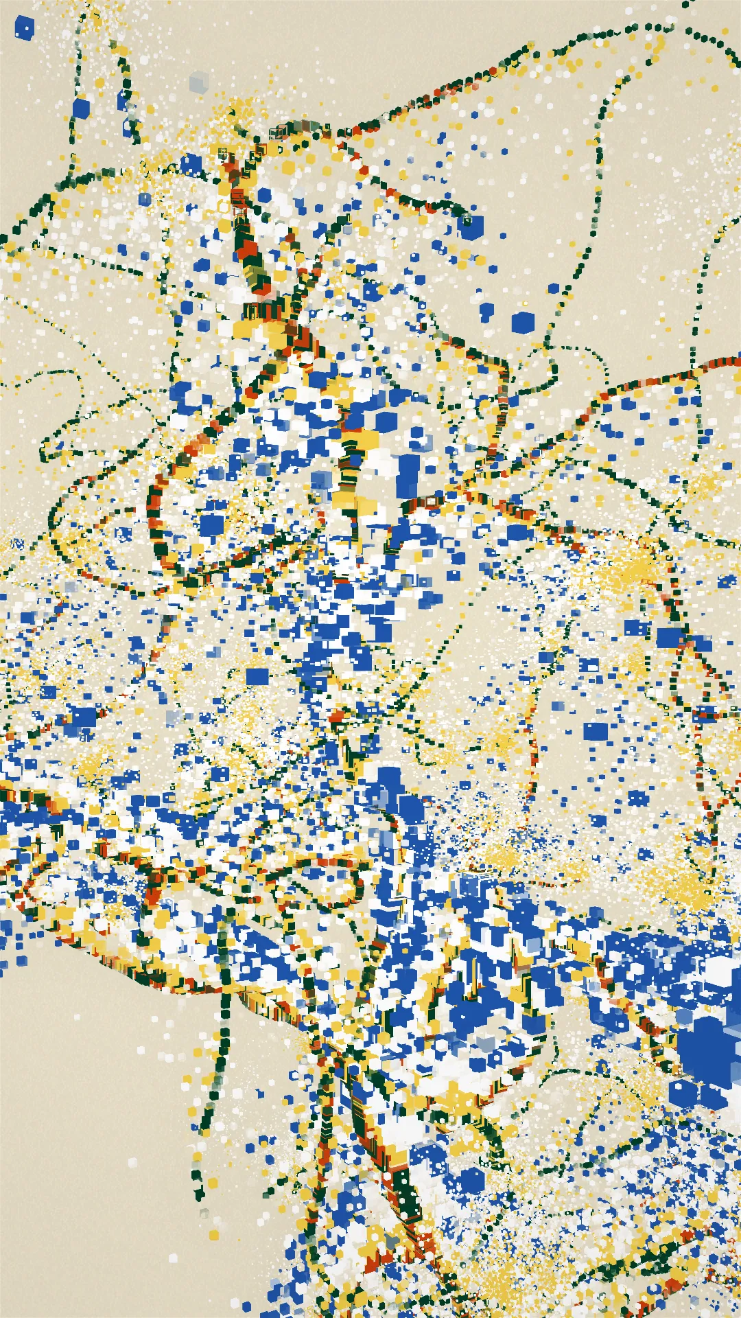mole^3 speculates that it was through Piet Mondrian’s art that Hiroshi Kawano, living in post-war Japan, may have sought to sublimate the negative emotions caused by the war through the pursuit of beauty. Her work, _Changes, Cycles, and Shapes in Between_, analyzes the process by which Mondrian arrived at his ultimate forms through an approach whereby shapes and colors evolved organically. In painting, “shape” has an axis of < figurative ↔ abstract > and an axis of < noise ↔ linear >, while “color” also has an axis of < noise ↔ linear >. Using a “component diagram of painting” (see below) as reference, mole^3 developed a means of cycling through multiple visual idioms at once, with the work expressing the cycle itself. In this way, _Changes, Cycles, and Shapes in Between_ evokes a shifting state of digital materiality — a literal pattern of flow that oscillates between figuration and abstraction. By further incorporating textures printed using a baren, she has encoded her identity as a printmaker in natively digital form.<br><br>mole^3は、戦後日本に生きた川野洋が、ピート・モンドリアンの芸術を通じて、戦争によって引き起こされた負の感情を美の追求によって昇華しようとしたのではないかと推測しています。彼女の作品「Changes, Cycles, and Shapes in Between」は、モンドリアンが形状と色彩を有機的に進化させるアプローチを通じて、最終的な形に到達したプロセスを分析しています。絵画において、「形」には〈具象↔抽象〉の軸と〈ノイズ↔線的〉の軸があり、「色彩」にも〈ノイズ↔線的〉の軸があります。「絵画の構成図」を参考にしながら、mole^3は複数の視覚的イディオムを同時に循環させる手法を開発し、作品自体でそのサイクルを表現しました。このようにして、「Changes, Cycles, and Shapes in Between」は、具象と抽象の間を揺れ動くデジタル素材の変動する状態――文字通りの「流れのパターン」を喚起しています。さらに、バレンを使用して印刷されたテクスチャを取り入れることで、彼女は版画家としてのアイデンティティをネイティブなデジタル形式でコード化しました。
