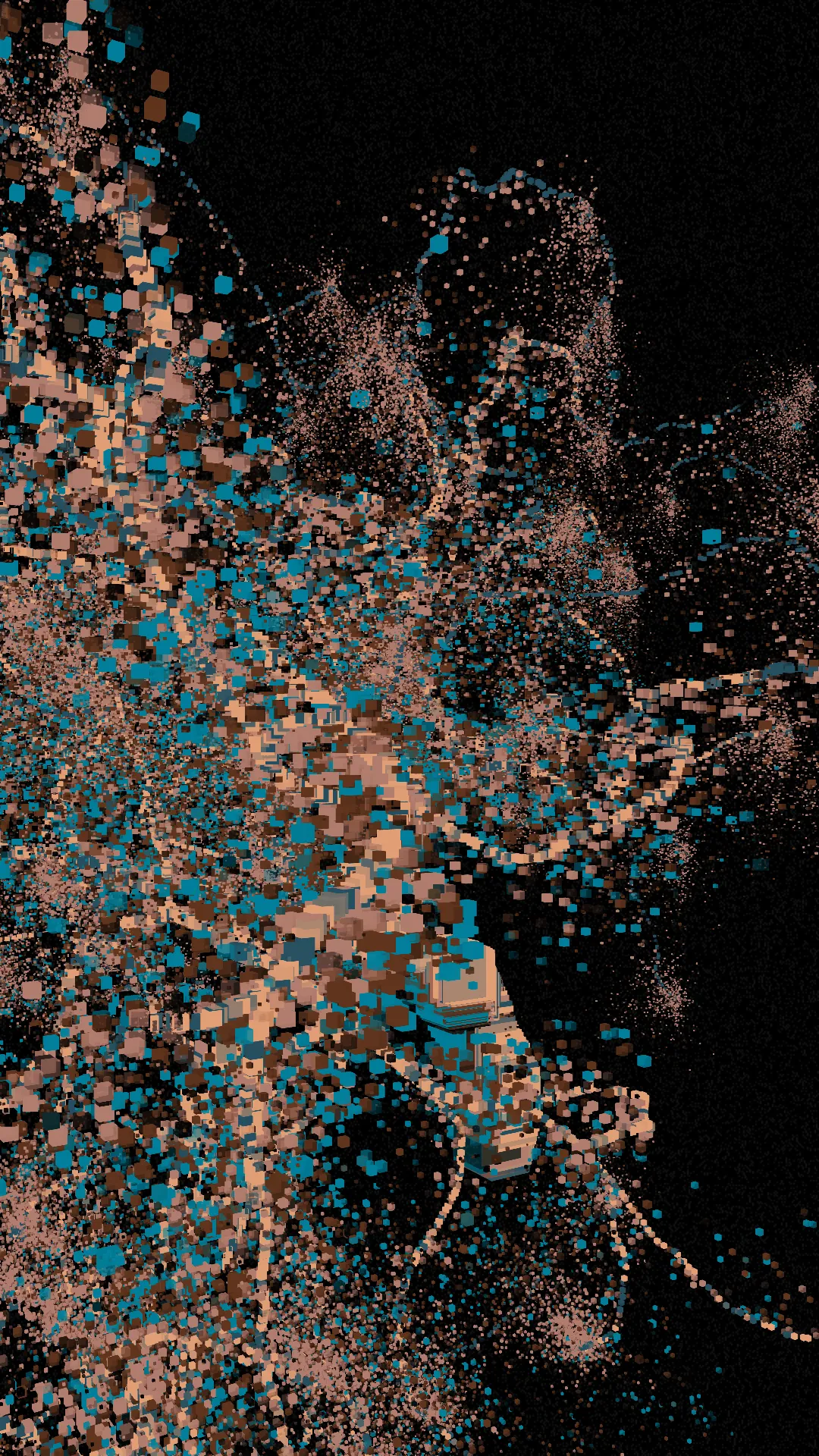 mole^3 speculates that it was through Piet Mondrian’s art that Hiroshi Kawano, living in post-war Japan, may have sought to sublimate the negative emotions caused by the war through the pursuit of beauty. Her work, _Changes, Cycles, and Shapes in Between_, analyzes the process by which Mondrian arrived at his ultimate forms through an approach whereby shapes and colors evolved organically. In painting, “shape” has an axis of < figurative ↔ abstract > and an axis of < noise ↔ linear >, while “color” also has an axis of < noise ↔ linear >. Using a “component diagram of painting” (see below) as reference, mole^3 developed a means of cycling through multiple visual idioms at once, with the work expressing the cycle itself. In this way, _Changes, Cycles, and Shapes in Between_ evokes a shifting state of digital materiality — a literal pattern of flow that oscillates between figuration and abstraction. By further incorporating textures printed using a baren, she has encoded her identity as a printmaker in natively digital form.<br><br>mole^3は、戦後日本に生きた川野洋が、ピート・モンドリアンの芸術を通じて、戦争によって引き起こされた負の感情を美の追求によって昇華しようとしたのではないかと推測しています。彼女の作品「Changes, Cycles, and Shapes in Between」は、モンドリアンが形状と色彩を有機的に進化させるアプローチを通じて、最終的な形に到達したプロセスを分析しています。絵画において、「形」には〈具象↔抽象〉の軸と〈ノイズ↔線的〉の軸があり、「色彩」にも〈ノイズ↔線的〉の軸があります。「絵画の構成図」を参考にしながら、mole^3は複数の視覚的イディオムを同時に循環させる手法を開発し、作品自体でそのサイクルを表現しました。このようにして、「Changes, Cycles, and Shapes in Between」は、具象と抽象の間を揺れ動くデジタル素材の変動する状態――文字通りの「流れのパターン」を喚起しています。さらに、バレンを使用して印刷されたテクスチャを取り入れることで、彼女は版画家としてのアイデンティティをネイティブなデジタル形式でコード化しました。