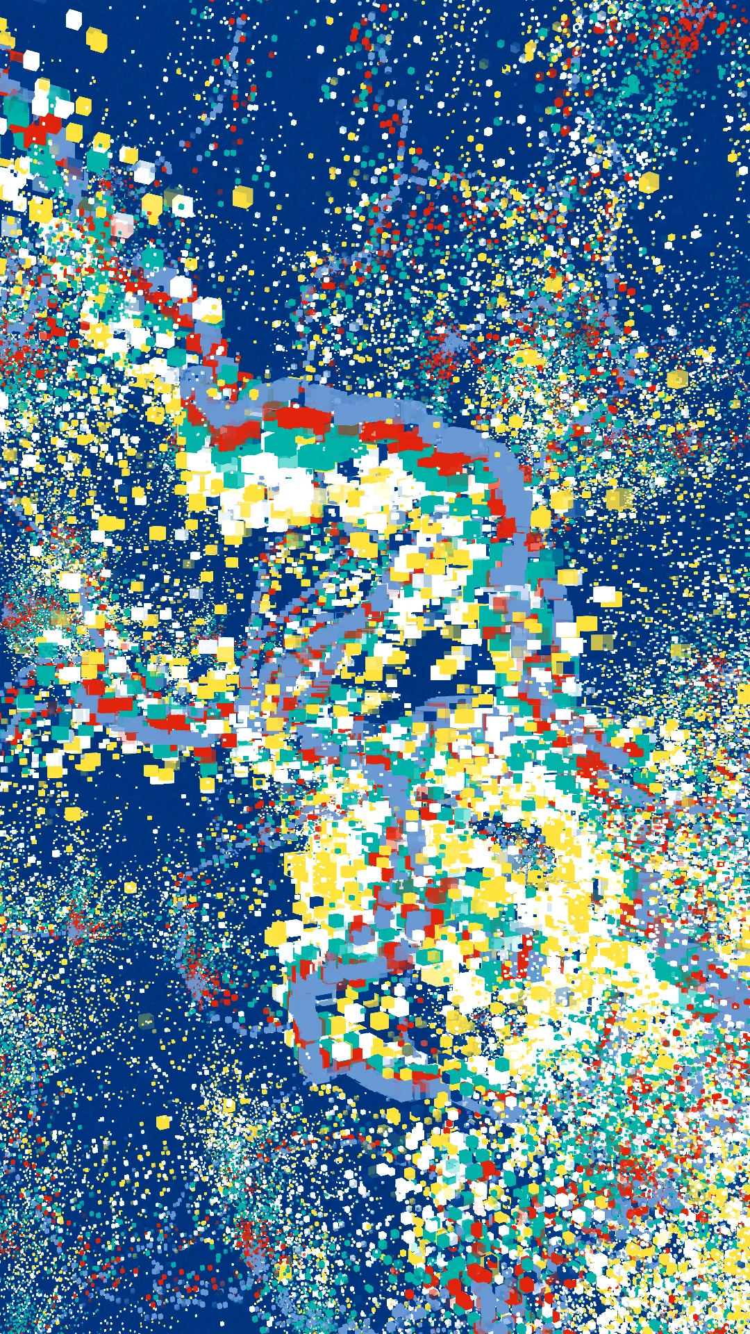 mole^3 speculates that it was through Piet Mondrian’s art that Hiroshi Kawano, living in post-war Japan, may have sought to sublimate the negative emotions caused by the war through the pursuit of beauty. Her work, _Changes, Cycles, and Shapes in Between_, analyzes the process by which Mondrian arrived at his ultimate forms through an approach whereby shapes and colors evolved organically. In painting, “shape” has an axis of < figurative ↔ abstract > and an axis of < noise ↔ linear >, while “color” also has an axis of < noise ↔ linear >. Using a “component diagram of painting” (see below) as reference, mole^3 developed a means of cycling through multiple visual idioms at once, with the work expressing the cycle itself. In this way, _Changes, Cycles, and Shapes in Between_ evokes a shifting state of digital materiality — a literal pattern of flow that oscillates between figuration and abstraction. By further incorporating textures printed using a baren, she has encoded her identity as a printmaker in natively digital form.<br><br>mole^3は、戦後日本に生きた川野洋が、ピート・モンドリアンの芸術を通じて、戦争によって引き起こされた負の感情を美の追求によって昇華しようとしたのではないかと推測しています。彼女の作品「Changes, Cycles, and Shapes in Between」は、モンドリアンが形状と色彩を有機的に進化させるアプローチを通じて、最終的な形に到達したプロセスを分析しています。絵画において、「形」には〈具象↔抽象〉の軸と〈ノイズ↔線的〉の軸があり、「色彩」にも〈ノイズ↔線的〉の軸があります。「絵画の構成図」を参考にしながら、mole^3は複数の視覚的イディオムを同時に循環させる手法を開発し、作品自体でそのサイクルを表現しました。このようにして、「Changes, Cycles, and Shapes in Between」は、具象と抽象の間を揺れ動くデジタル素材の変動する状態――文字通りの「流れのパターン」を喚起しています。さらに、バレンを使用して印刷されたテクスチャを取り入れることで、彼女は版画家としてのアイデンティティをネイティブなデジタル形式でコード化しました。