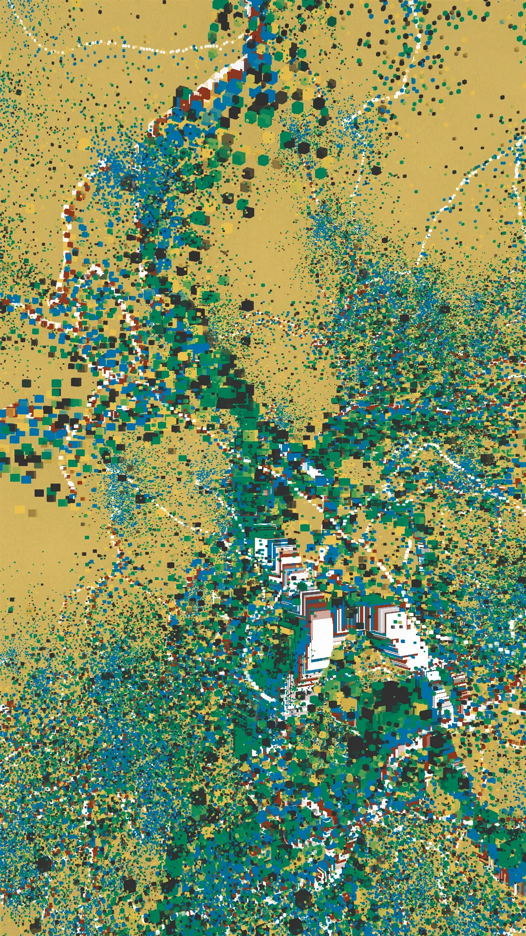 mole^3 speculates that it was through Piet Mondrian’s art that Hiroshi Kawano, living in post-war Japan, may have sought to sublimate the negative emotions caused by the war through the pursuit of beauty. Her work, _Changes, Cycles, and Shapes in Between_, analyzes the process by which Mondrian arrived at his ultimate forms through an approach whereby shapes and colors evolved organically. In painting, “shape” has an axis of < figurative ↔ abstract > and an axis of < noise ↔ linear >, while “color” also has an axis of < noise ↔ linear >. Using a “component diagram of painting” (see below) as reference, mole^3 developed a means of cycling through multiple visual idioms at once, with the work expressing the cycle itself. In this way, _Changes, Cycles, and Shapes in Between_ evokes a shifting state of digital materiality — a literal pattern of flow that oscillates between figuration and abstraction. By further incorporating textures printed using a baren, she has encoded her identity as a printmaker in natively digital form.<br><br>mole^3は、戦後日本に生きた川野洋が、ピート・モンドリアンの芸術を通じて、戦争によって引き起こされた負の感情を美の追求によって昇華しようとしたのではないかと推測しています。彼女の作品「Changes, Cycles, and Shapes in Between」は、モンドリアンが形状と色彩を有機的に進化させるアプローチを通じて、最終的な形に到達したプロセスを分析しています。絵画において、「形」には〈具象↔抽象〉の軸と〈ノイズ↔線的〉の軸があり、「色彩」にも〈ノイズ↔線的〉の軸があります。「絵画の構成図」を参考にしながら、mole^3は複数の視覚的イディオムを同時に循環させる手法を開発し、作品自体でそのサイクルを表現しました。このようにして、「Changes, Cycles, and Shapes in Between」は、具象と抽象の間を揺れ動くデジタル素材の変動する状態――文字通りの「流れのパターン」を喚起しています。さらに、バレンを使用して印刷されたテクスチャを取り入れることで、彼女は版画家としてのアイデンティティをネイティブなデジタル形式でコード化しました。