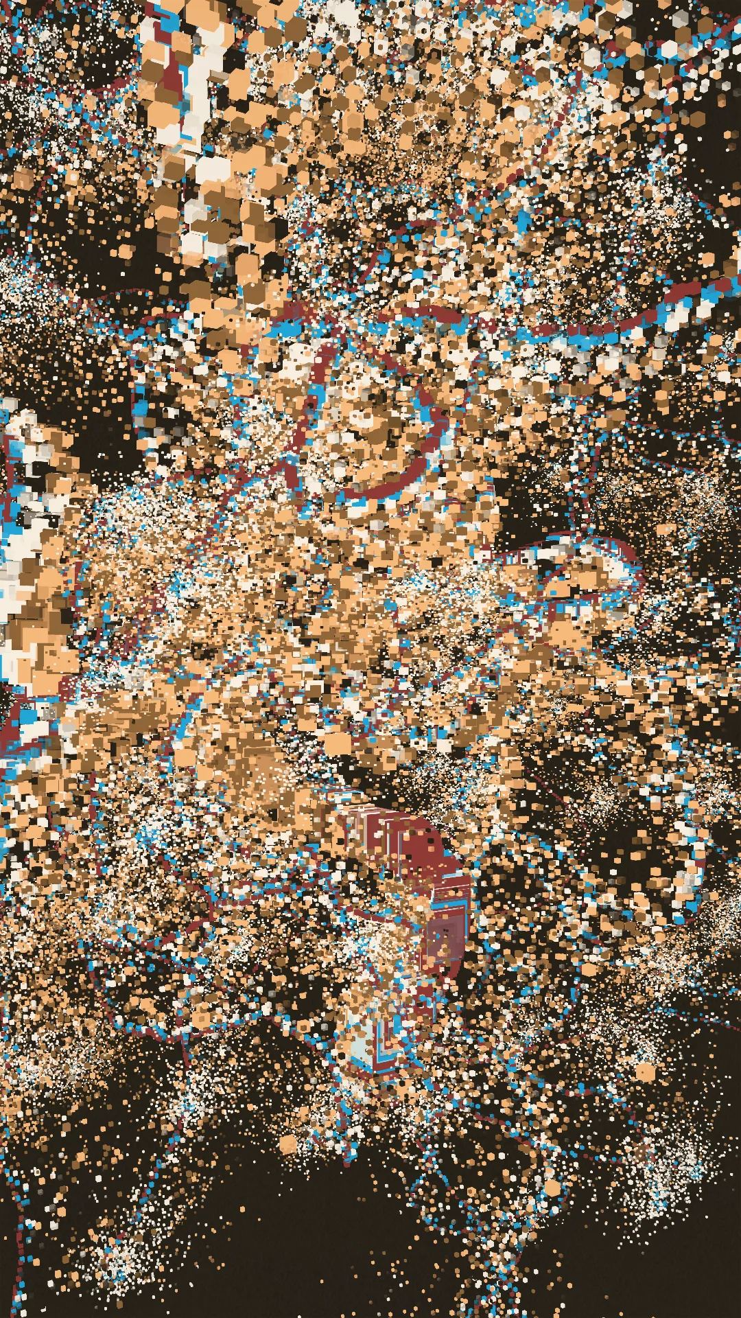 mole^3 speculates that it was through Piet Mondrian’s art that Hiroshi Kawano, living in post-war Japan, may have sought to sublimate the negative emotions caused by the war through the pursuit of beauty. Her work, _Changes, Cycles, and Shapes in Between_, analyzes the process by which Mondrian arrived at his ultimate forms through an approach whereby shapes and colors evolved organically. In painting, “shape” has an axis of < figurative ↔ abstract > and an axis of < noise ↔ linear >, while “color” also has an axis of < noise ↔ linear >. Using a “component diagram of painting” (see below) as reference, mole^3 developed a means of cycling through multiple visual idioms at once, with the work expressing the cycle itself. In this way, _Changes, Cycles, and Shapes in Between_ evokes a shifting state of digital materiality — a literal pattern of flow that oscillates between figuration and abstraction. By further incorporating textures printed using a baren, she has encoded her identity as a printmaker in natively digital form.<br><br>mole^3は、戦後日本に生きた川野洋が、ピート・モンドリアンの芸術を通じて、戦争によって引き起こされた負の感情を美の追求によって昇華しようとしたのではないかと推測しています。彼女の作品「Changes, Cycles, and Shapes in Between」は、モンドリアンが形状と色彩を有機的に進化させるアプローチを通じて、最終的な形に到達したプロセスを分析しています。絵画において、「形」には〈具象↔抽象〉の軸と〈ノイズ↔線的〉の軸があり、「色彩」にも〈ノイズ↔線的〉の軸があります。「絵画の構成図」を参考にしながら、mole^3は複数の視覚的イディオムを同時に循環させる手法を開発し、作品自体でそのサイクルを表現しました。このようにして、「Changes, Cycles, and Shapes in Between」は、具象と抽象の間を揺れ動くデジタル素材の変動する状態――文字通りの「流れのパターン」を喚起しています。さらに、バレンを使用して印刷されたテクスチャを取り入れることで、彼女は版画家としてのアイデンティティをネイティブなデジタル形式でコード化しました。