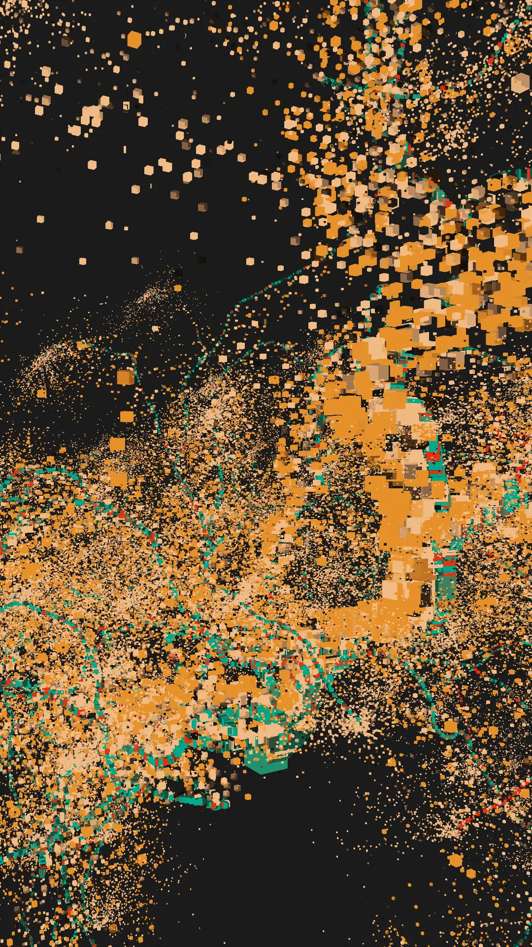 mole^3 speculates that it was through Piet Mondrian’s art that Hiroshi Kawano, living in post-war Japan, may have sought to sublimate the negative emotions caused by the war through the pursuit of beauty. Her work, _Changes, Cycles, and Shapes in Between_, analyzes the process by which Mondrian arrived at his ultimate forms through an approach whereby shapes and colors evolved organically. In painting, “shape” has an axis of < figurative ↔ abstract > and an axis of < noise ↔ linear >, while “color” also has an axis of < noise ↔ linear >. Using a “component diagram of painting” (see below) as reference, mole^3 developed a means of cycling through multiple visual idioms at once, with the work expressing the cycle itself. In this way, _Changes, Cycles, and Shapes in Between_ evokes a shifting state of digital materiality — a literal pattern of flow that oscillates between figuration and abstraction. By further incorporating textures printed using a baren, she has encoded her identity as a printmaker in natively digital form.<br><br>mole^3は、戦後日本に生きた川野洋が、ピート・モンドリアンの芸術を通じて、戦争によって引き起こされた負の感情を美の追求によって昇華しようとしたのではないかと推測しています。彼女の作品「Changes, Cycles, and Shapes in Between」は、モンドリアンが形状と色彩を有機的に進化させるアプローチを通じて、最終的な形に到達したプロセスを分析しています。絵画において、「形」には〈具象↔抽象〉の軸と〈ノイズ↔線的〉の軸があり、「色彩」にも〈ノイズ↔線的〉の軸があります。「絵画の構成図」を参考にしながら、mole^3は複数の視覚的イディオムを同時に循環させる手法を開発し、作品自体でそのサイクルを表現しました。このようにして、「Changes, Cycles, and Shapes in Between」は、具象と抽象の間を揺れ動くデジタル素材の変動する状態――文字通りの「流れのパターン」を喚起しています。さらに、バレンを使用して印刷されたテクスチャを取り入れることで、彼女は版画家としてのアイデンティティをネイティブなデジタル形式でコード化しました。