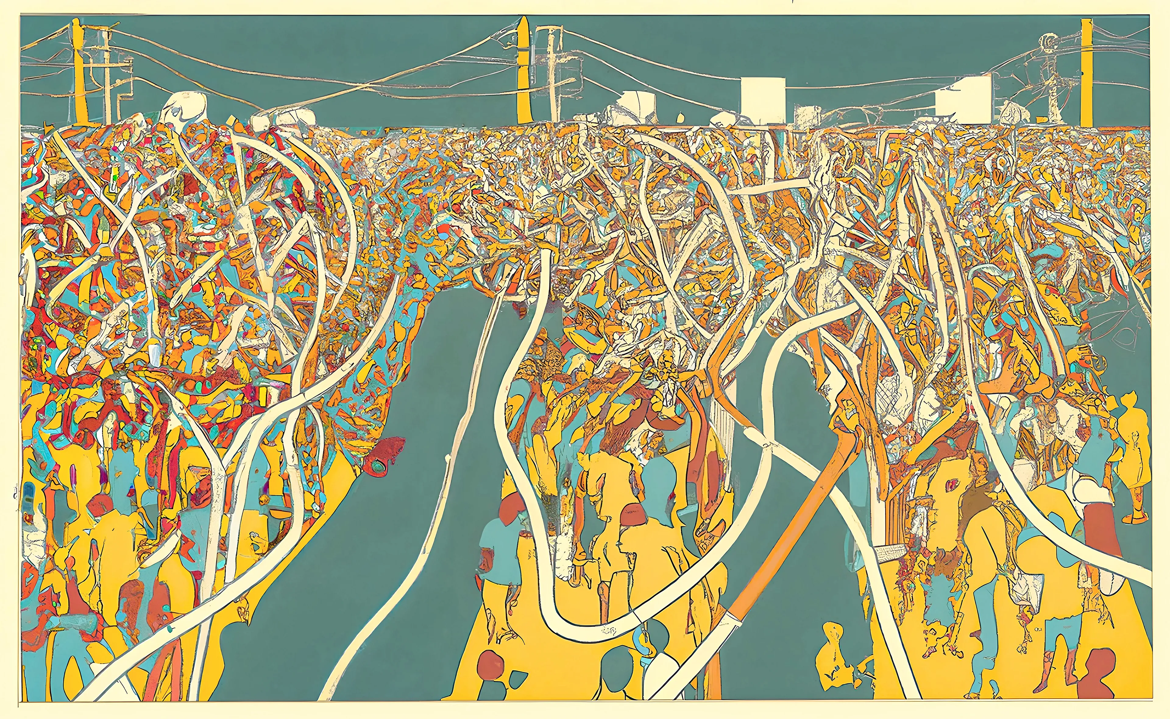 CENSUS 
36000x22147px  
JPEG

A generative artwork created using speech recognition and machine learning to capture and visualise the spoken language in a collaboration between artist and machine. 

Created using the input:  
Crowded fight, connected plight. Census enforced to stay in sight.