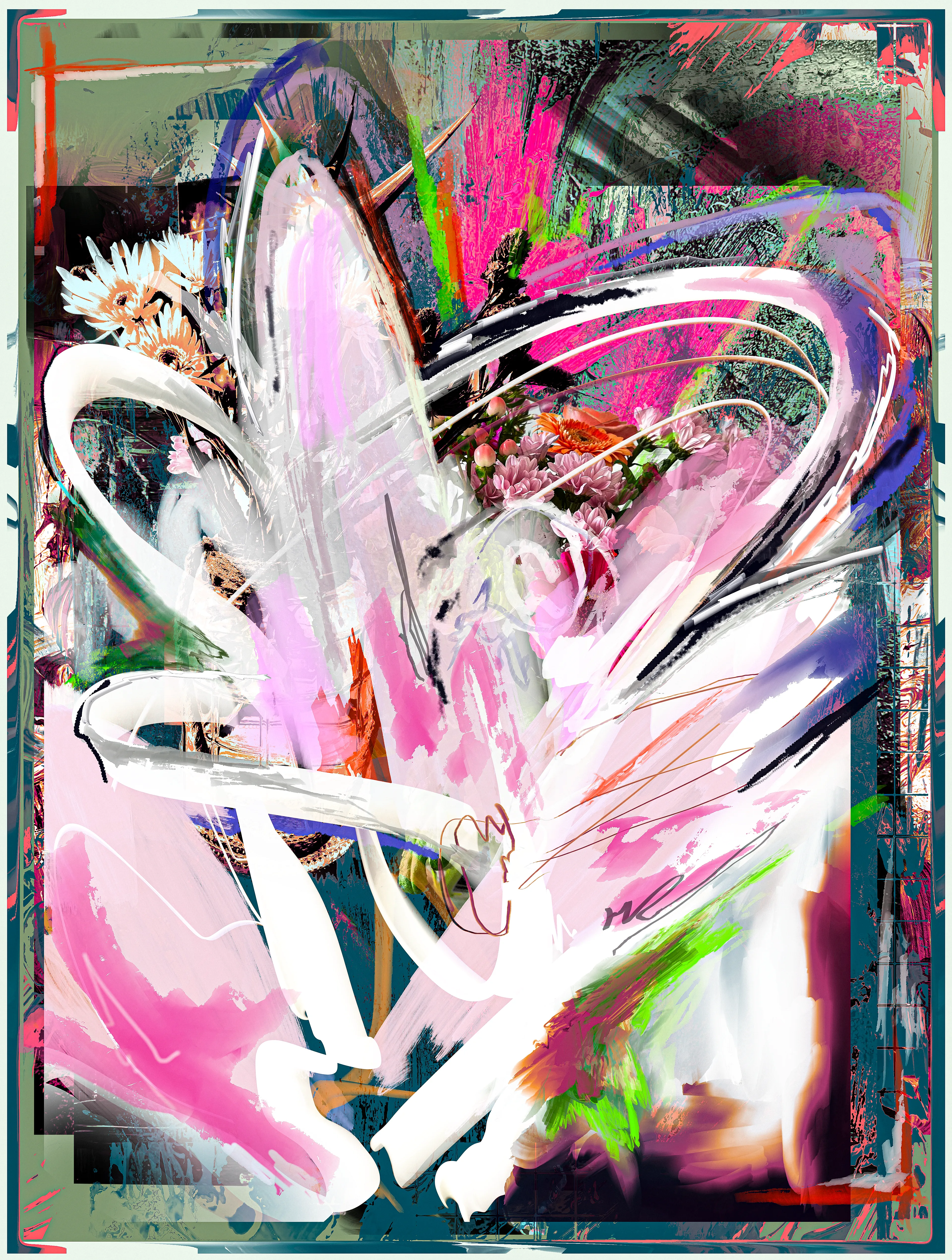 "Bouquet"  
2023  
1/1

4200x5561px at 300dpi

Created for the "Floral Reverie" exhibition by Flannel Collective.

An exploration of scent and hyper-saturation; incorporating photography extracts from an actual bouquet of flowers hand designed and gifted for my parents anniversary.

"Over the centuries, artists have captured the rich symbolism of flowers, tracing the changing meanings of roses, irises, tulips, carnations, and more. Depending on the context, a single flower can represent reproduction or decay, purity or promiscuity, love or hardship—or nothing more than a pile of petals" - Artsy

My work has always explored alternative visual language, whether it be through documenting sound, taste or emotional experience in gestural form. With this piece, I took on a more figurative role than normal, encapsulating multiple visual extractions within the petals of an abstract blooming orchid. This piece symbolises the ontological aspects of my practice interweaving together - a comment on the mycelium networks built below ground that connect everything together.

A bouquet of life, presented in one bloom.