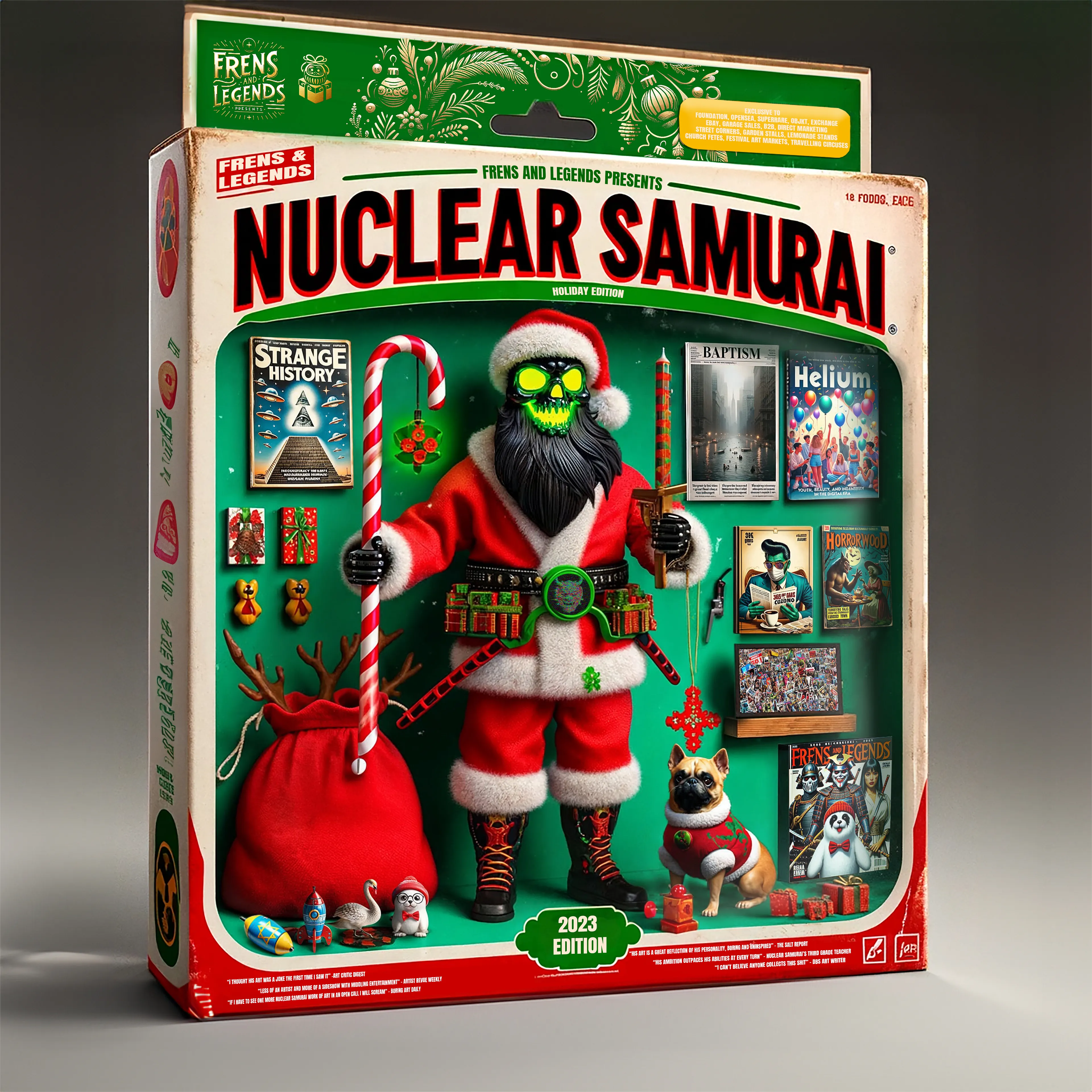 Frens and Legends - HOLIDAY EDITION

Nuclear Samurai
Twitter: @MutagenSamurai

Celebrating the success of Frens & Legends. I wanted to make this gift, a figure of myself available for free for all. The accessories and trinkets are all from friendships and milestones of my year in 2023. 

Thank you all for your support, and I invite you to follow my journey through 2024

These are mockups and not representative of a physical object. These are created with AI and Photoshop.