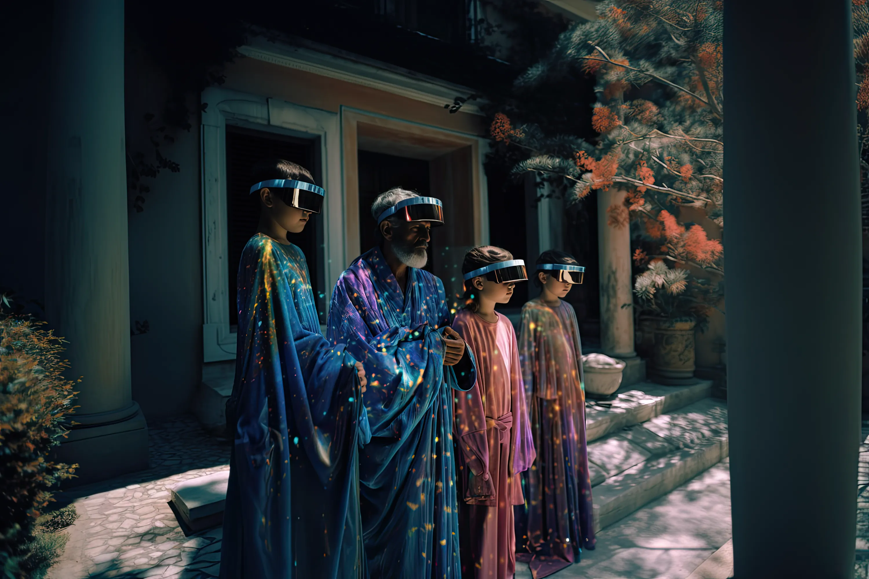 A family gathers around the patio of a house in Athens. 