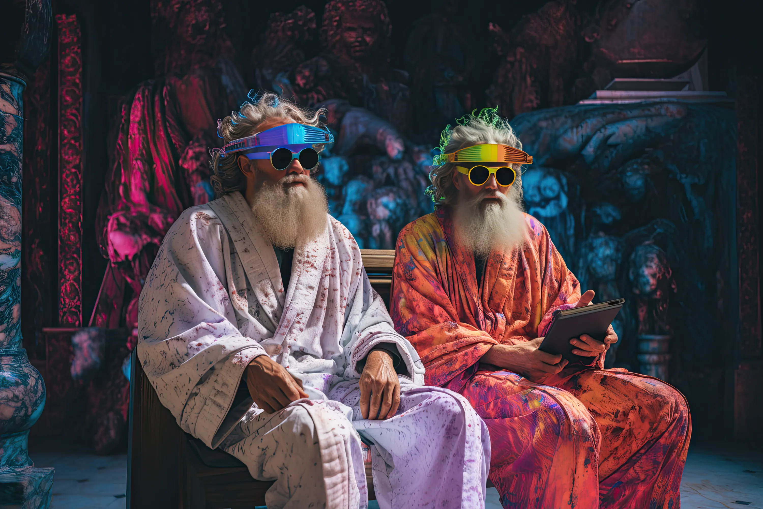 Plato and Aristotle watching an XR Movie in an Athenian Theater.