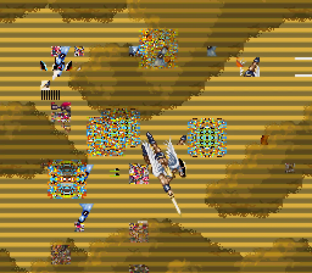 In _Angelcores & Heavenly Sprites_, Sabato Visconti uses glitch and ROM-corruption processes to reveal the angelic aspects of early console games, specifically third- and fourth-generation 8-bit and 16-bit consoles like the NES, Super Nintendo, and Sega Genesis.<br><br>While much of our visual understanding of angels derives from Medieval European Christianity and after, the history of the angelic has evolved in a constant renegotiation as cultures and power structures change. The contemporary meme of "Biblically-Accurate Angels" reflects this broader understanding of the angelic, although a theologian may quietly point out that the Ophanim described in the book of Ezekiel wasn't classified as an Angel until much later in history. In the same spirit, depictions of angels in 1980-1990s video games were diverse and ludopoetic—designed to fit the game type, whether it was an action platformer, a shoot 'em up, or an RPG. Games like _ActRaiser_, _ActRaiser II_, _Wings of Wor_, _Spiritual Warfare_, _Chubby Cherub_, and _Legendary Wings_ draw from a variety of historical influences and portray the angelic as powerful warriors, childlike cuties, winged creatures, or devotional objects. The glitch artefacts and looping GIF narratives serve to lift up these figures from the repetitive toil and routine mechanics of their medium.