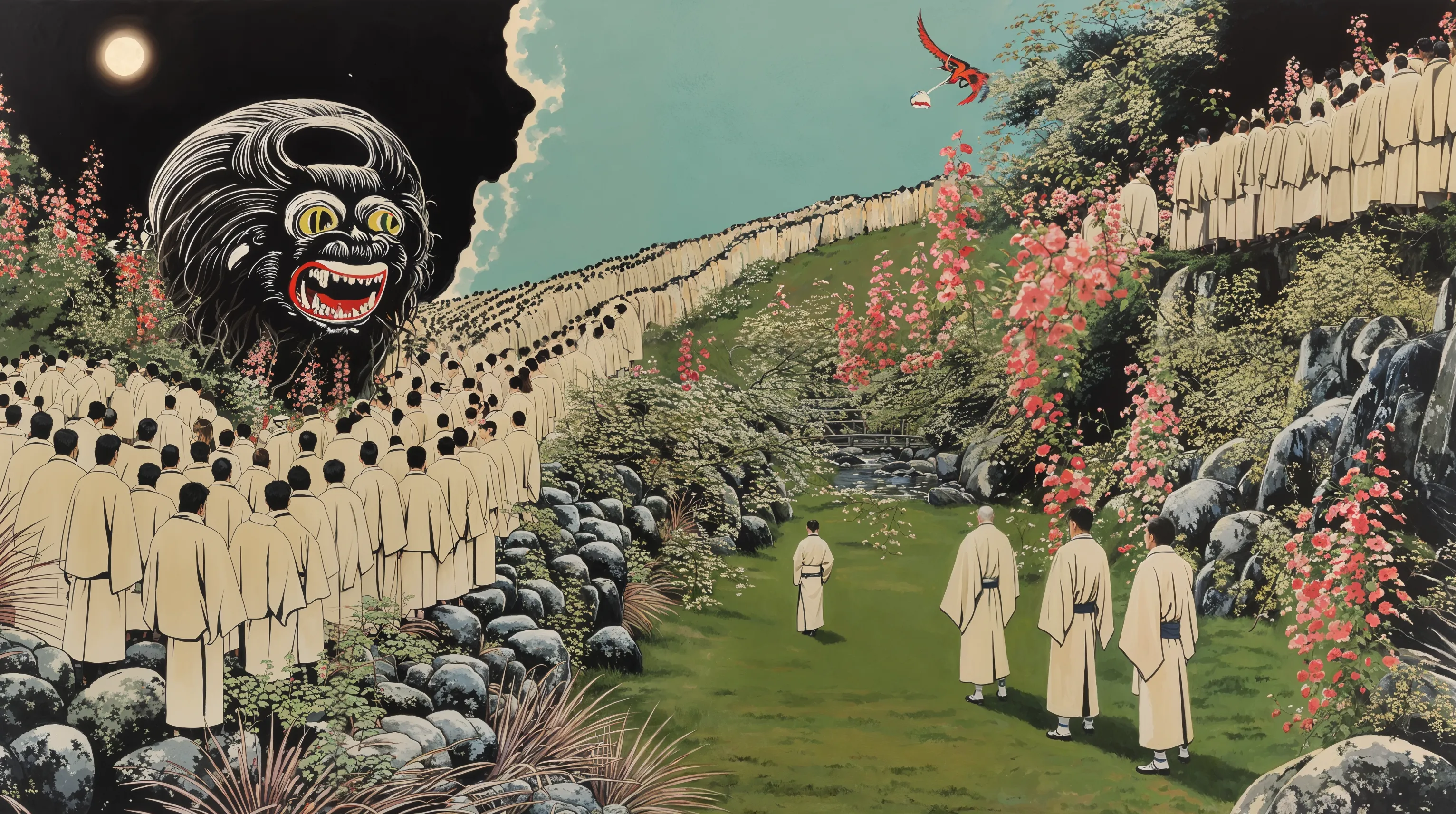 Data Pilgrims is a series of artworks by Emi Kusano that explores mythological pilgrimages through digital spaces, created in collaboration with AI.<br><br>Human societies have always bonded through shared stories and collective fictions. The imaginary frameworks of myths, religions, and social norms— have enabled us to cooperate on a massive scale. But today, the abundance of information threatens to overwhelm rather than unite us. In Data Pilgrims, Kusano visualizes this tension by drawing on motifs from Japanese mythology—including spirits (kami), yokai, drifting souls, and anonymous crowds—reimagined through a contemporary take on traditional ukiyo-e aesthetics.<br><br>The works are created through repeated cycles of AI image regeneration and recombination, which cause the images to "hallucinate"—distorting original meanings and generating entirely new visual realities. By revealing this iterative and transformative process, the series highlights both the creative potential and the existential risks of artificial intelligence. Information, depending on how it is used, can either illuminate or mislead, clarify or confuse.<br><br>Anonymous pilgrims traverse these virtual landscapes, stepping into the fragile yet sacred domain of the glitch—where prayers become data, souls are archived, and faith itself is rewritten by algorithms.