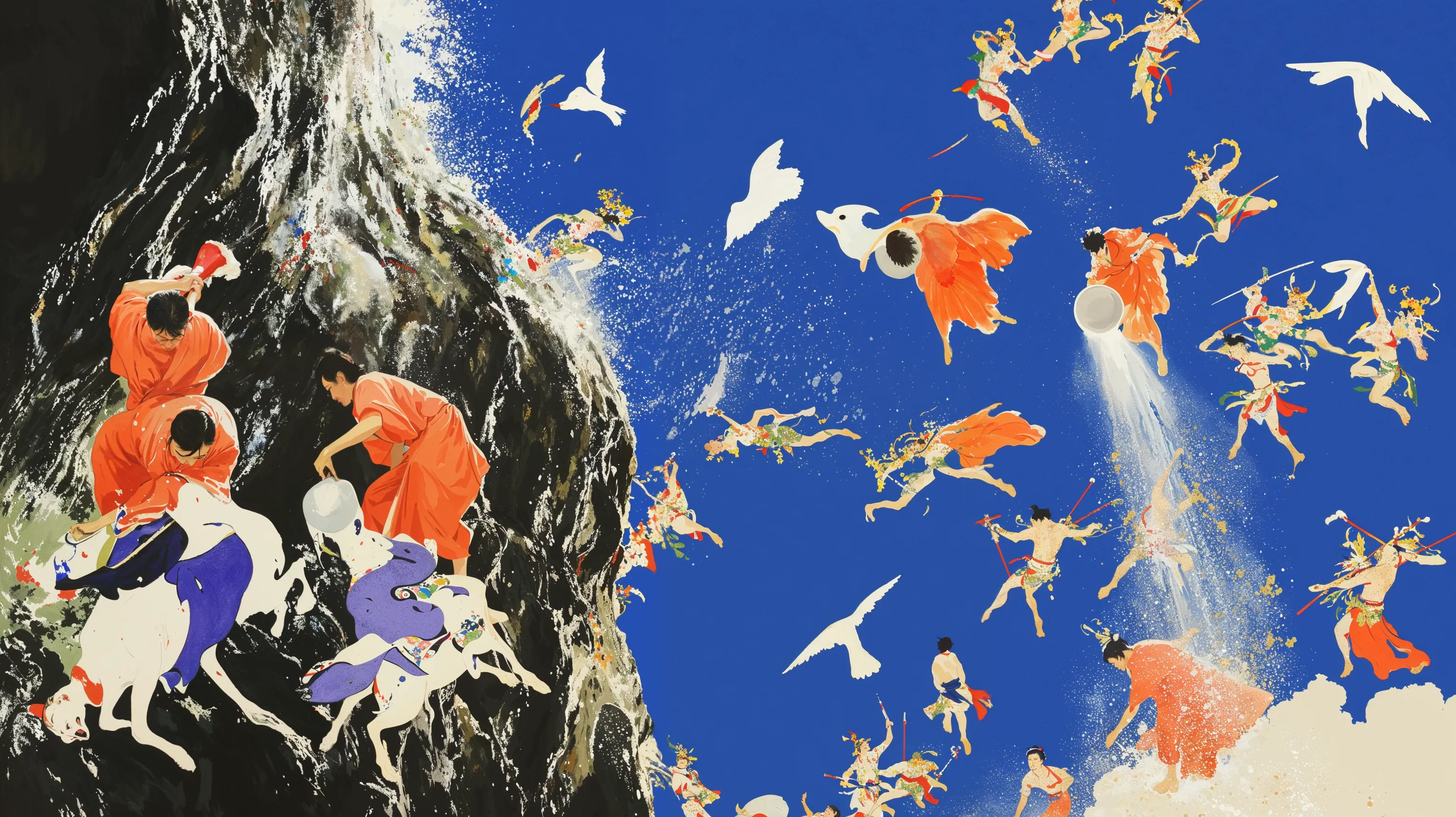 Data Pilgrims is a series of artworks by Emi Kusano that explores mythological pilgrimages through digital spaces, created in collaboration with AI.<br><br>Human societies have always bonded through shared stories and collective fictions. The imaginary frameworks of myths, religions, and social norms— have enabled us to cooperate on a massive scale. But today, the abundance of information threatens to overwhelm rather than unite us. In Data Pilgrims, Kusano visualizes this tension by drawing on motifs from Japanese mythology—including spirits (kami), yokai, drifting souls, and anonymous crowds—reimagined through a contemporary take on traditional ukiyo-e aesthetics.<br><br>The works are created through repeated cycles of AI image regeneration and recombination, which cause the images to "hallucinate"—distorting original meanings and generating entirely new visual realities. By revealing this iterative and transformative process, the series highlights both the creative potential and the existential risks of artificial intelligence. Information, depending on how it is used, can either illuminate or mislead, clarify or confuse.<br><br>Anonymous pilgrims traverse these virtual landscapes, stepping into the fragile yet sacred domain of the glitch—where prayers become data, souls are archived, and faith itself is rewritten by algorithms.