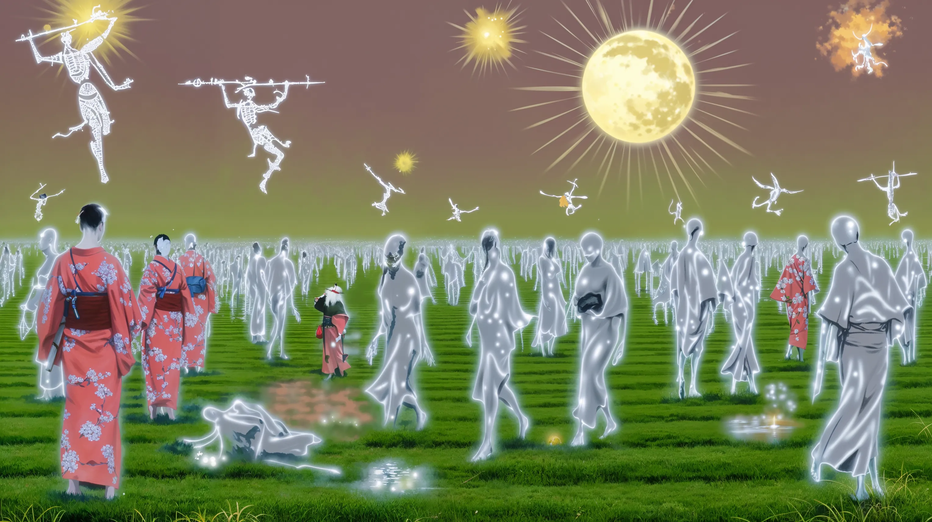 Data Pilgrims is a series of artworks by Emi Kusano that explores mythological pilgrimages through digital spaces, created in collaboration with AI.<br><br>Human societies have always bonded through shared stories and collective fictions. The imaginary frameworks of myths, religions, and social norms— have enabled us to cooperate on a massive scale. But today, the abundance of information threatens to overwhelm rather than unite us. In Data Pilgrims, Kusano visualizes this tension by drawing on motifs from Japanese mythology—including spirits (kami), yokai, drifting souls, and anonymous crowds—reimagined through a contemporary take on traditional ukiyo-e aesthetics.<br><br>The works are created through repeated cycles of AI image regeneration and recombination, which cause the images to "hallucinate"—distorting original meanings and generating entirely new visual realities. By revealing this iterative and transformative process, the series highlights both the creative potential and the existential risks of artificial intelligence. Information, depending on how it is used, can either illuminate or mislead, clarify or confuse.<br><br>Anonymous pilgrims traverse these virtual landscapes, stepping into the fragile yet sacred domain of the glitch—where prayers become data, souls are archived, and faith itself is rewritten by algorithms.