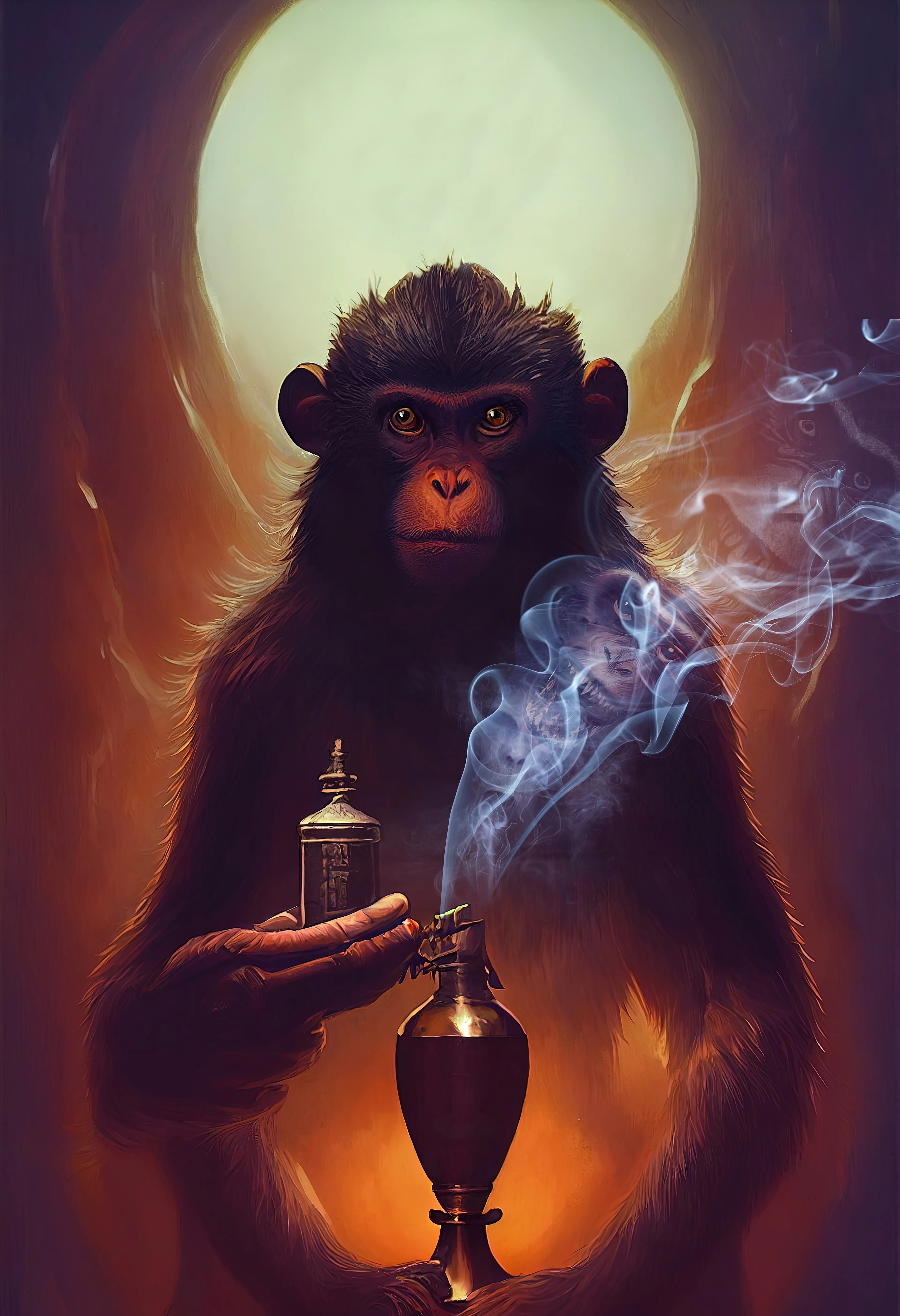 This image is inspired by the concept that higher consciousness may have spawned from animals ingesting hallucinogenics. There are many documented cases of reindeer eating mushrooms, and of monkeys consuming fermented fruits. Leopards eating the tree bark of trees that are used in Ayahuasca. 
Did the use of expanding chemicals by creatures lead to an expansion of their consciousness ?
