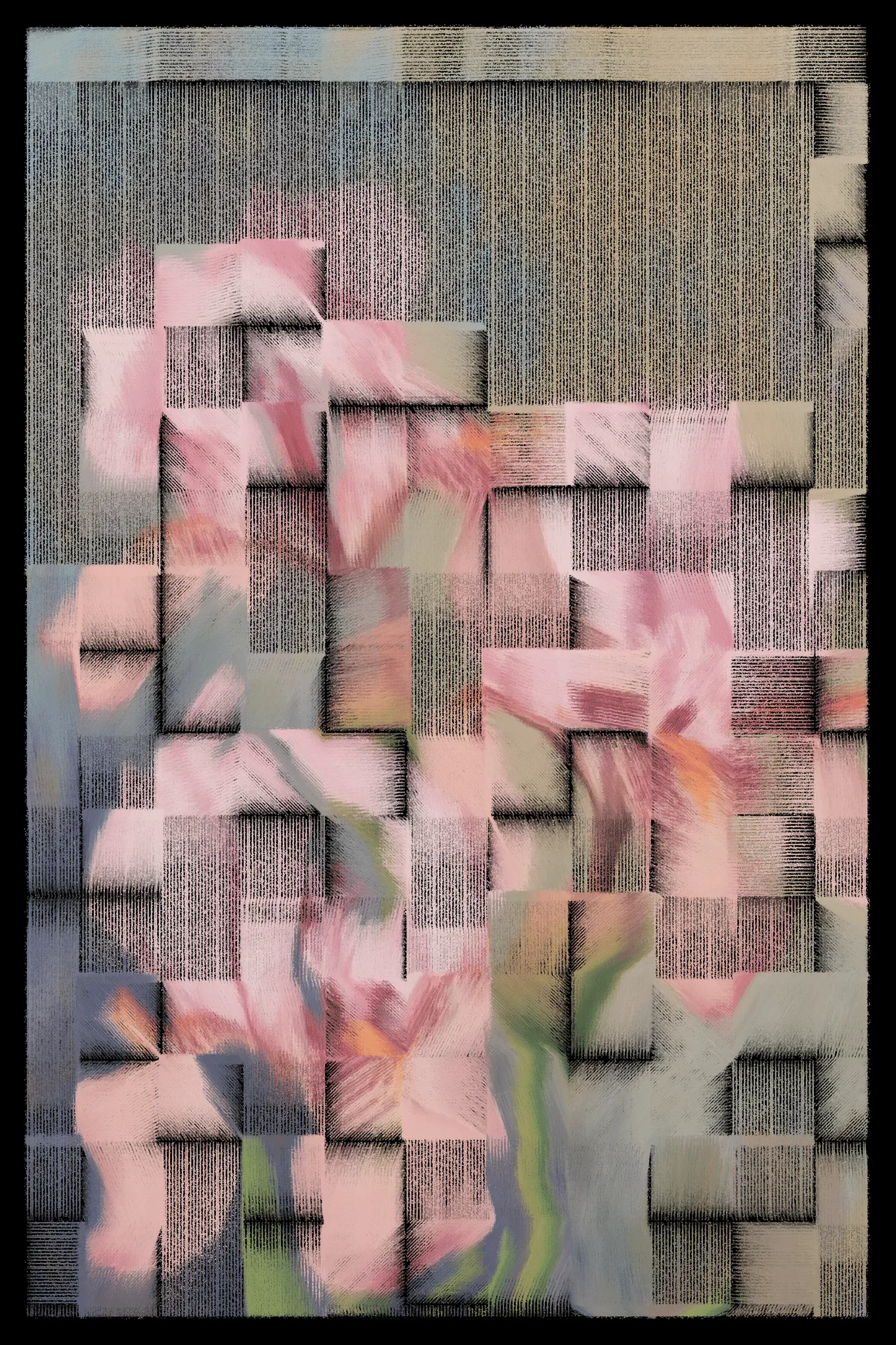 This series begins with AI-generated images of nature, flowers, textures, and familiar scenes, then breaks them down using computer vision to map how the image flows. I redraw each piece line by line, following directional vectors, and limit the palette to just a few tones. The result blends structured geometry with organic motion, revealing depth through contrast and line. It’s a way of reinterpreting the familiar—seeing not what something is, but how it moves, how it feels, and how perception itself can shift.