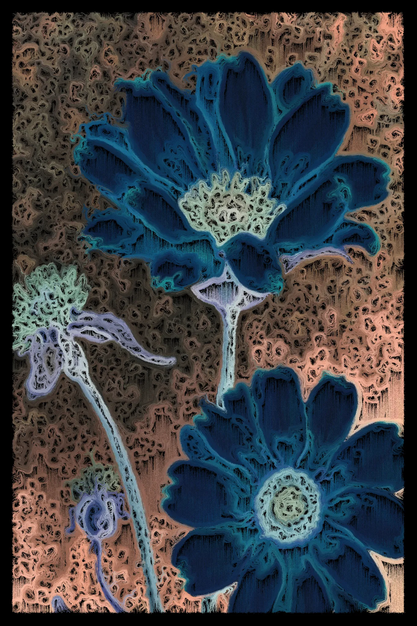 This series begins with AI-generated images of nature, flowers, textures, and familiar scenes, then breaks them down using computer vision to map how the image flows. I redraw each piece line by line, following directional vectors, and limit the palette to just a few tones. The result blends structured geometry with organic motion, revealing depth through contrast and line. It’s a way of reinterpreting the familiar—seeing not what something is, but how it moves, how it feels, and how perception itself can shift.