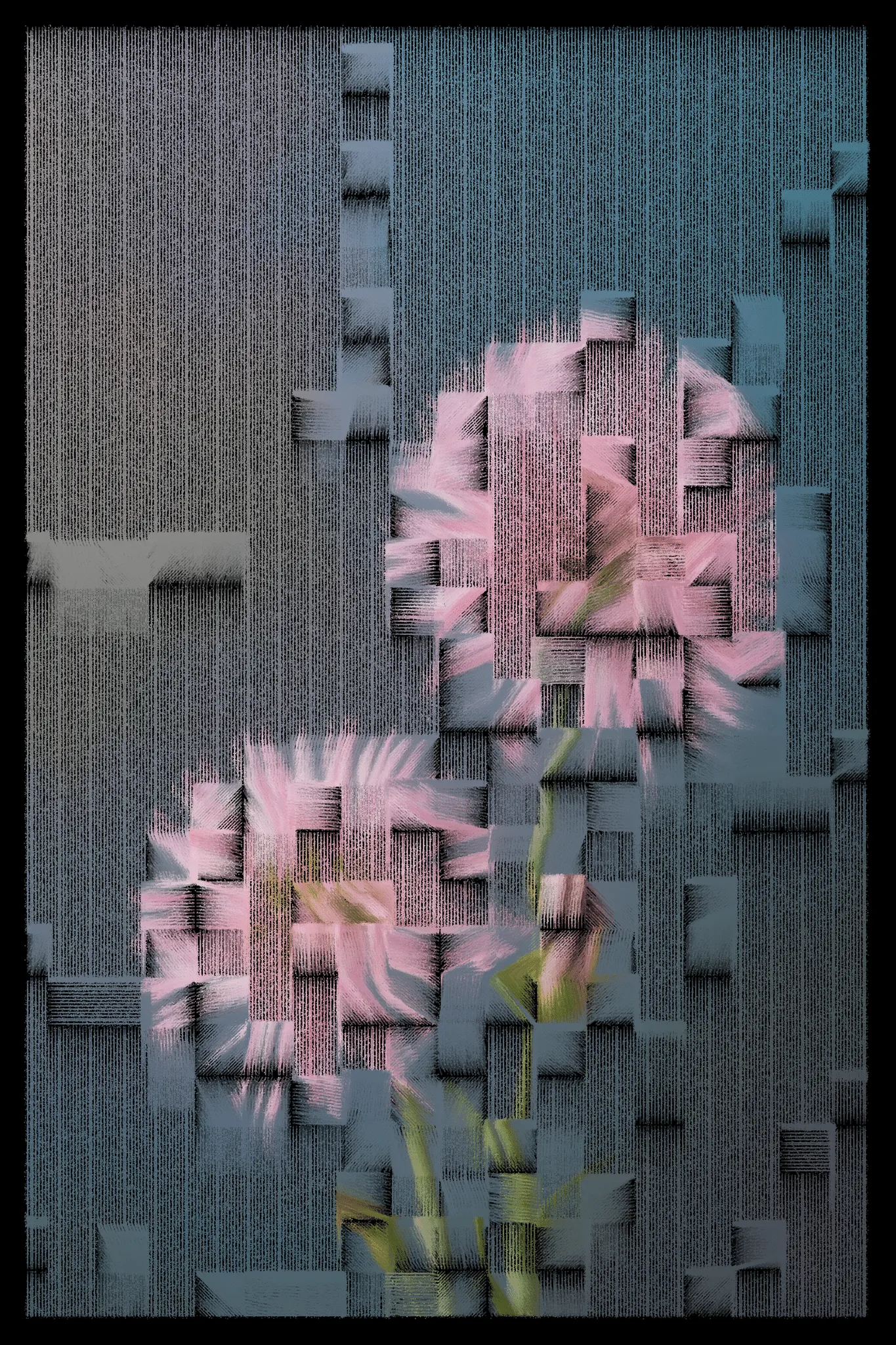 This series begins with AI-generated images of nature, flowers, textures, and familiar scenes, then breaks them down using computer vision to map how the image flows. I redraw each piece line by line, following directional vectors, and limit the palette to just a few tones. The result blends structured geometry with organic motion, revealing depth through contrast and line. It’s a way of reinterpreting the familiar—seeing not what something is, but how it moves, how it feels, and how perception itself can shift.
