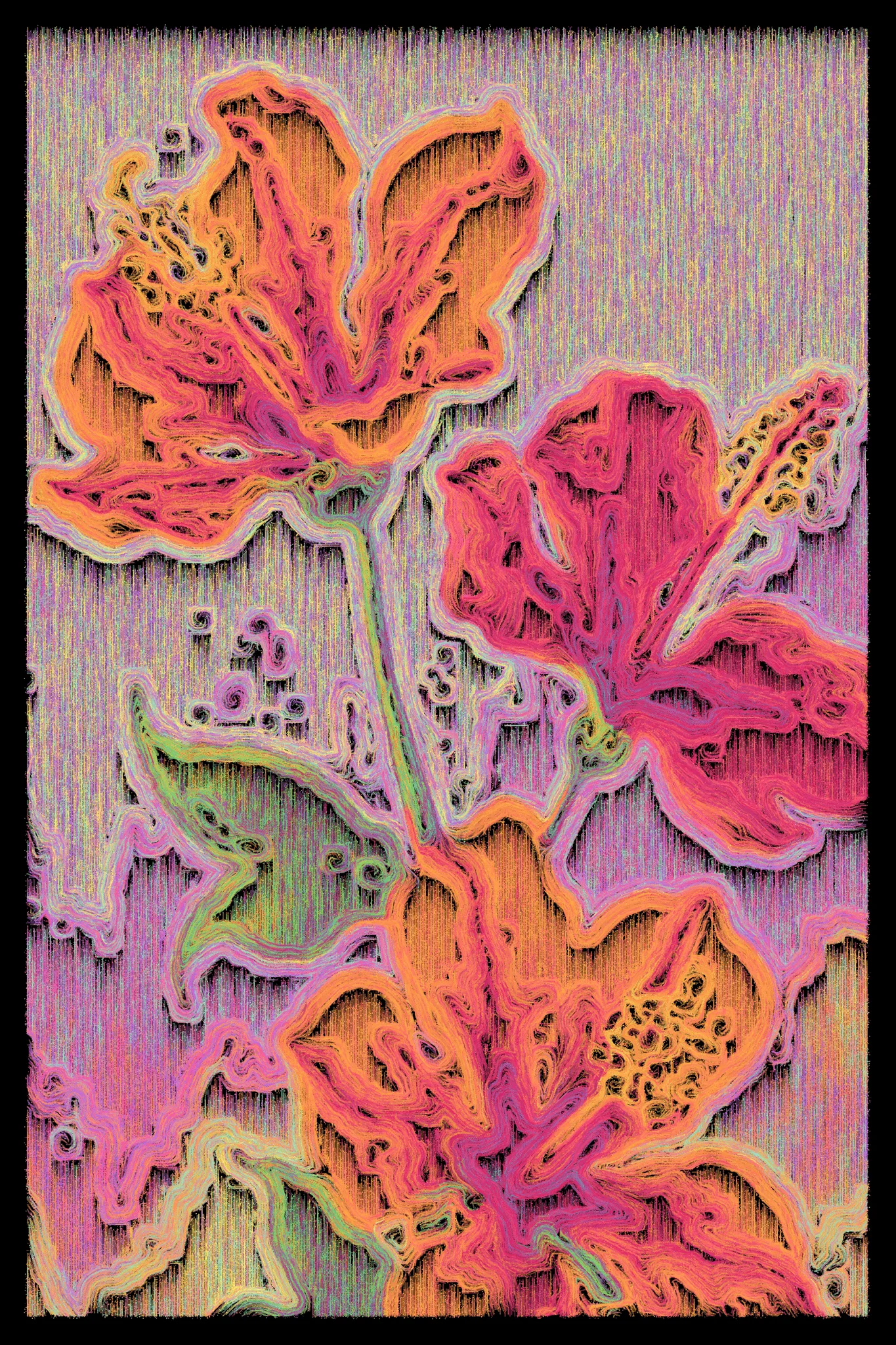 This series begins with AI-generated images of nature, flowers, textures, and familiar scenes, then breaks them down using computer vision to map how the image flows. I redraw each piece line by line, following directional vectors, and limit the palette to just a few tones. The result blends structured geometry with organic motion, revealing depth through contrast and line. It’s a way of reinterpreting the familiar—seeing not what something is, but how it moves, how it feels, and how perception itself can shift.