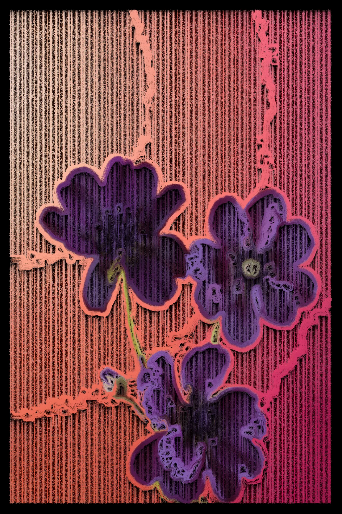 This series begins with AI-generated images of nature, flowers, textures, and familiar scenes, then breaks them down using computer vision to map how the image flows. I redraw each piece line by line, following directional vectors, and limit the palette to just a few tones. The result blends structured geometry with organic motion, revealing depth through contrast and line. It’s a way of reinterpreting the familiar—seeing not what something is, but how it moves, how it feels, and how perception itself can shift.