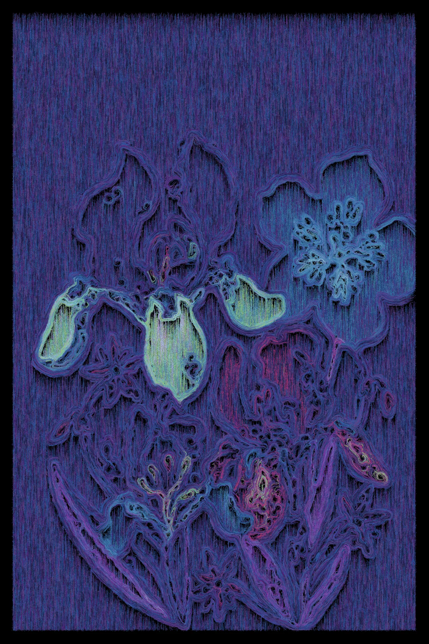 This series begins with AI-generated images of nature, flowers, textures, and familiar scenes, then breaks them down using computer vision to map how the image flows. I redraw each piece line by line, following directional vectors, and limit the palette to just a few tones. The result blends structured geometry with organic motion, revealing depth through contrast and line. It’s a way of reinterpreting the familiar—seeing not what something is, but how it moves, how it feels, and how perception itself can shift.