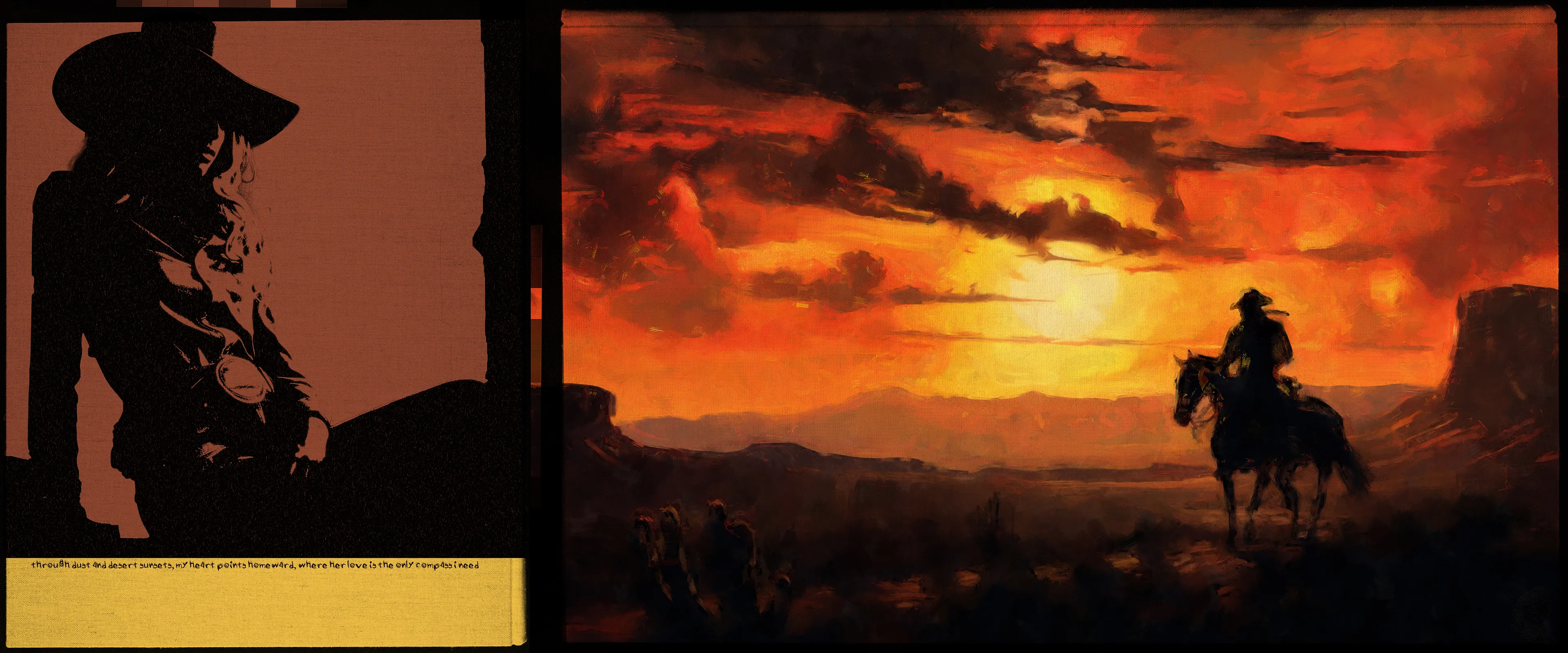 Through dust and desert sunsets  
My heart points homeward 
Where her love is the only compass I need
