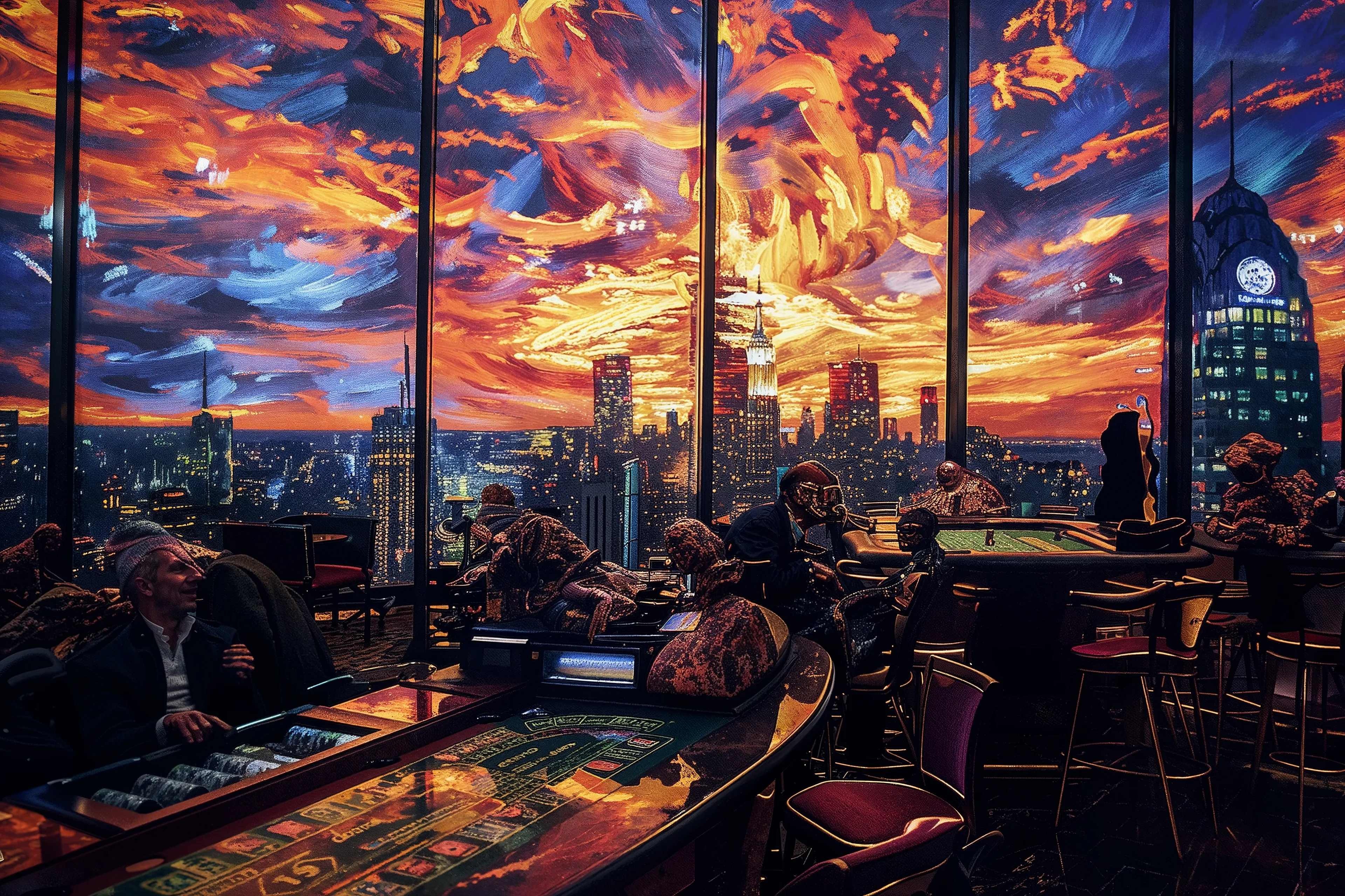 Maintain the focus.
New York Penthouse at sunset.

The ambiance is vibrant,
The weather is nice.

Motionless, 
Frozen.

- Andres Del Vecchio & MLow

//  PROCESS

1. Andrés began the creative process by crafting oil paintings, setting the foundational visual narrative with his artistic expertise.
  
2. Following his painting, Del Vecchio then composed poetry that paralleled the themes and emotions presented in his visual art, adding a literary layer to the experience.

3. MLow took on the role of a curator, meticulously organizing Del Vecchio's extensive archive of paintings and poems, ensuring each piece was ready for the next transformational step.

4. With the curated collection at hand, MLow created new pieces in MidJourney6 using Del Vecchio's paintings and poems as the inspirational seeds for generating new creations that expand upon the original works.

5. Together, MLow and Del Vecchio revisited the AI-generated art, combining their creative visions and expertise to carefully select and refine the pieces that best represented their joint aesthetic and conceptual goals.

6. Finally, MLow upscaled the chosen creations, enhancing their resolution and detail
